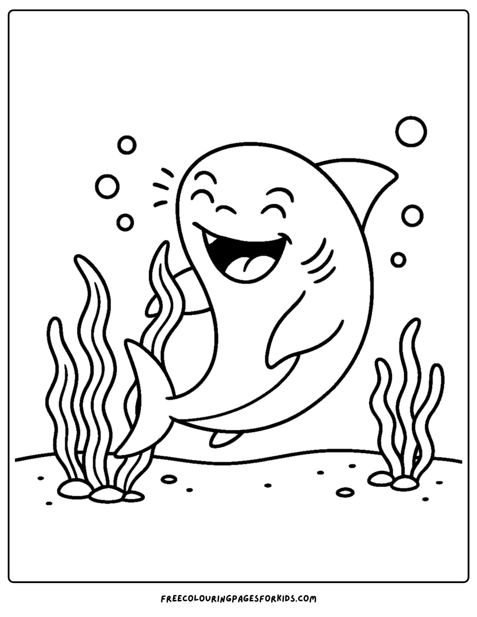 a coloring page of a shark being tickled by seaweed