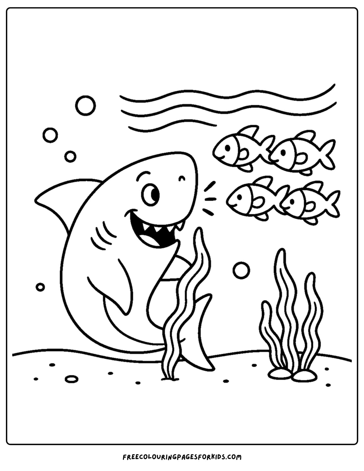 a coloring page of a shark watching fish swim past