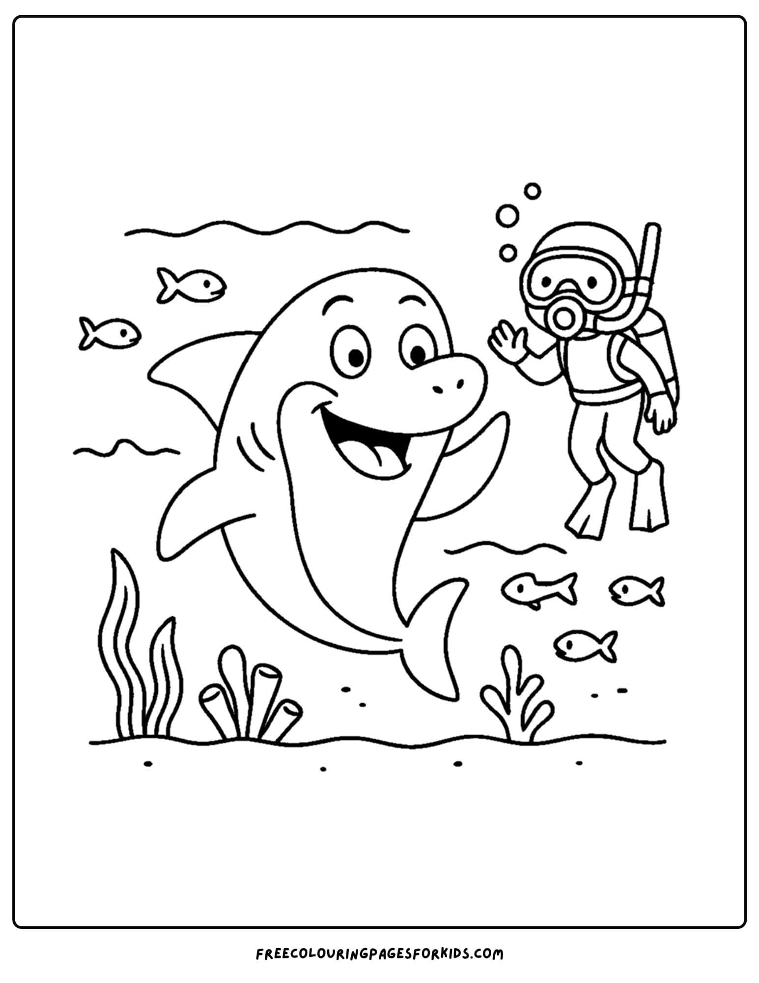a coloring page of a shark waving at a scuba diver