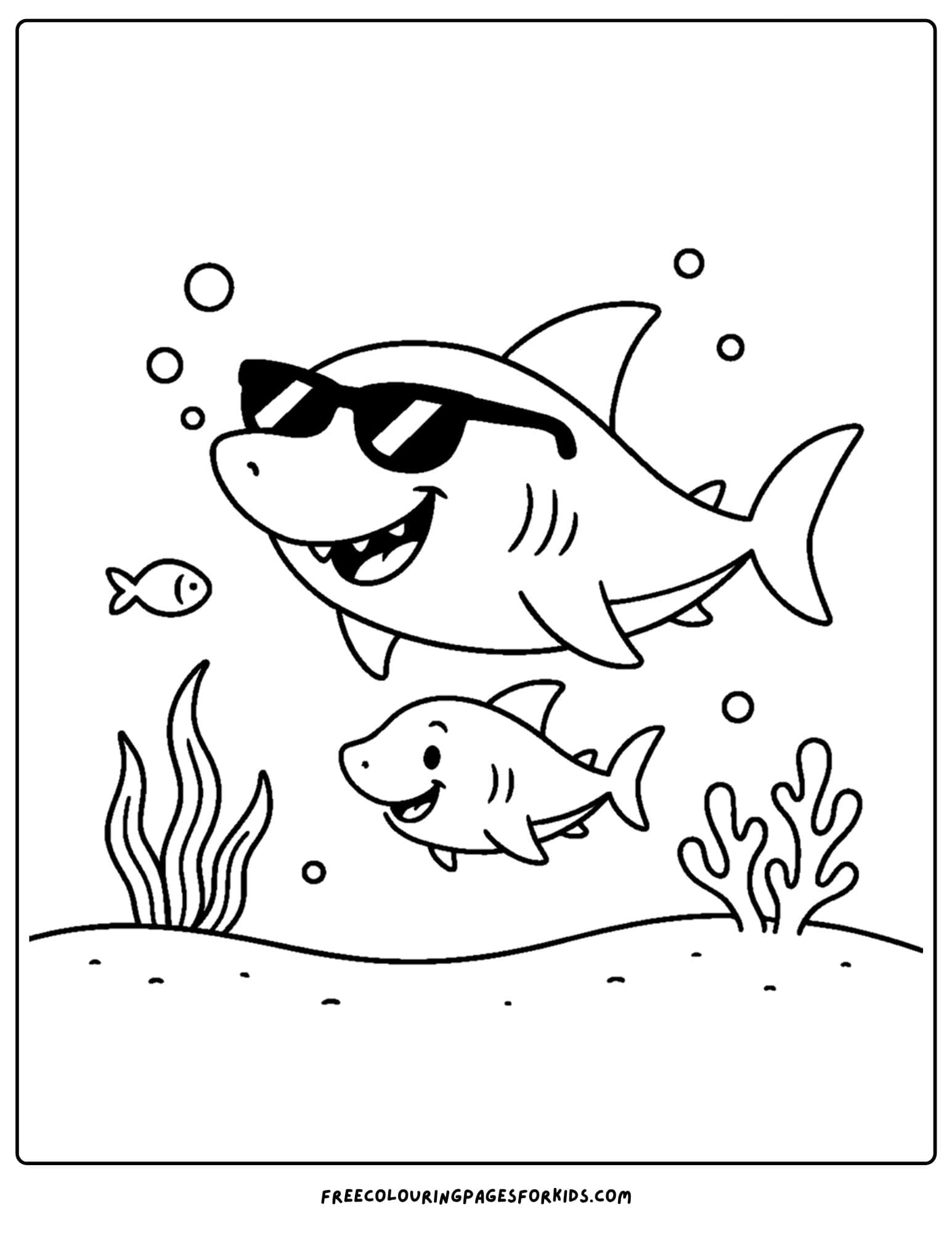 a coloring page of a shark wearing cool sunglasses