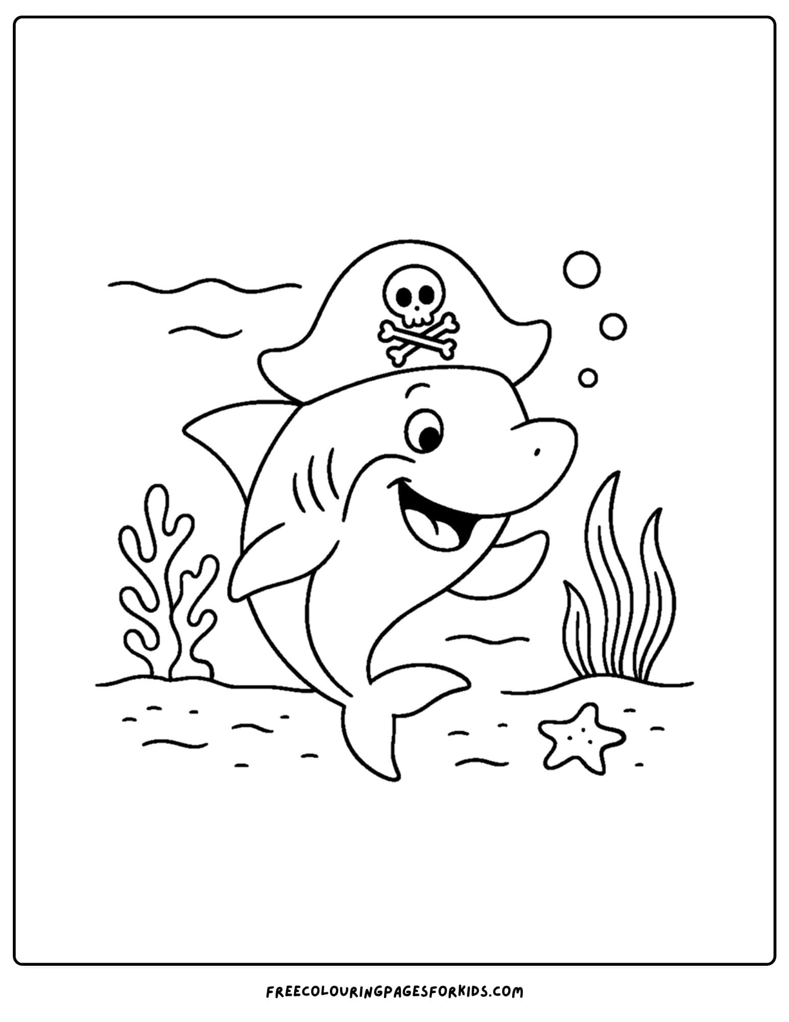 a coloring page of a shark wearing a pirate hat