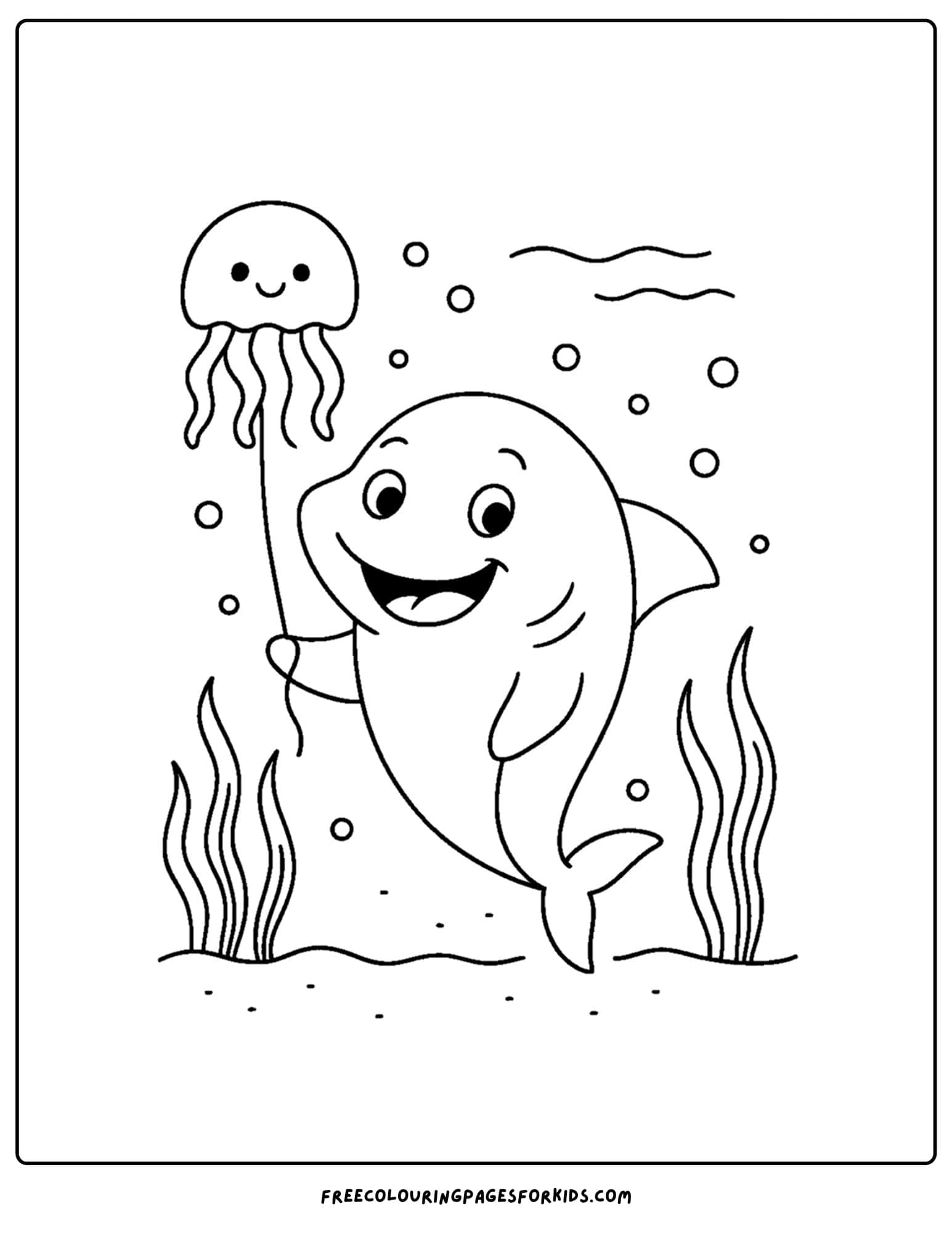 a coloring page of a shark with a jellyfish balloon