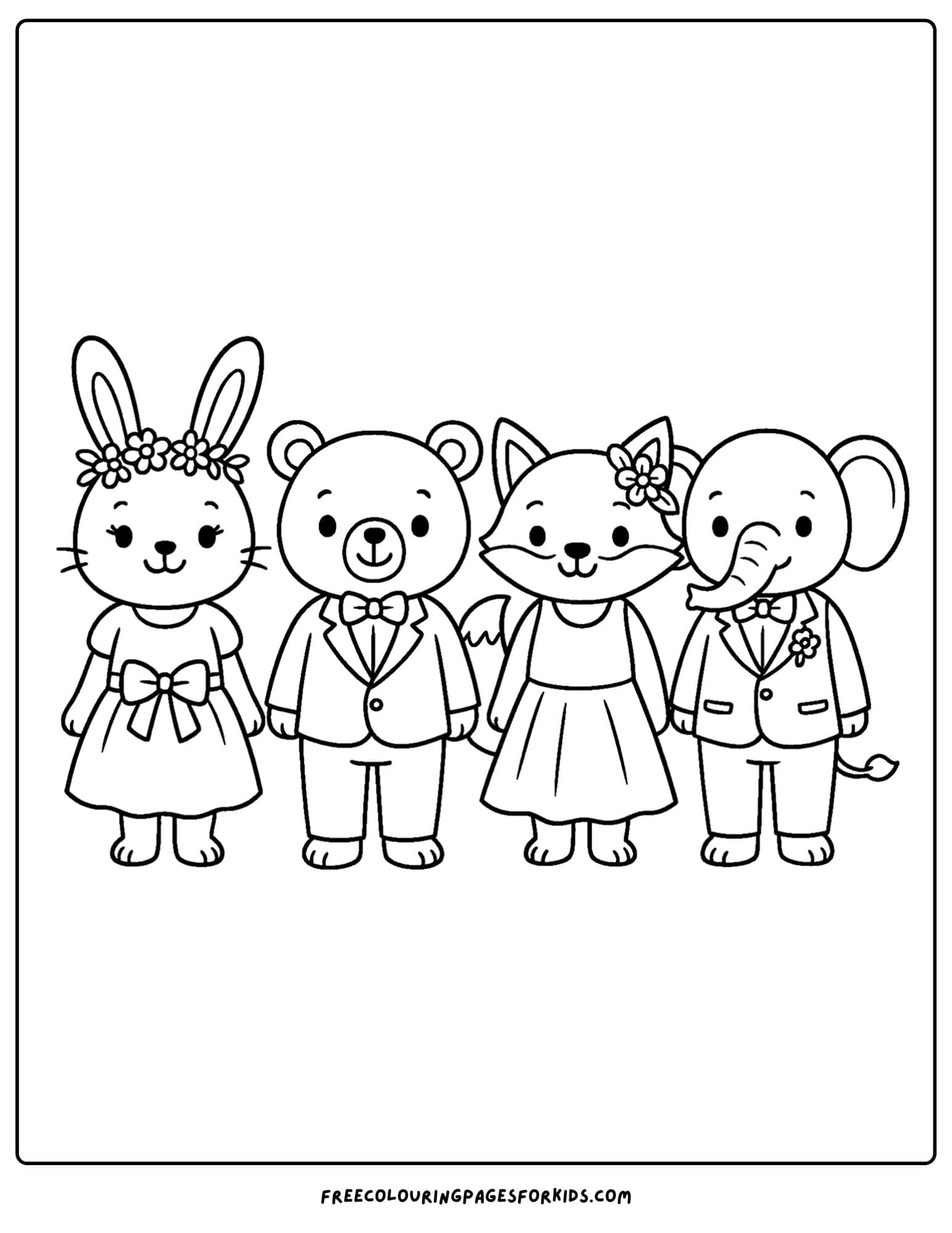 animals dressed as guests for a wedding