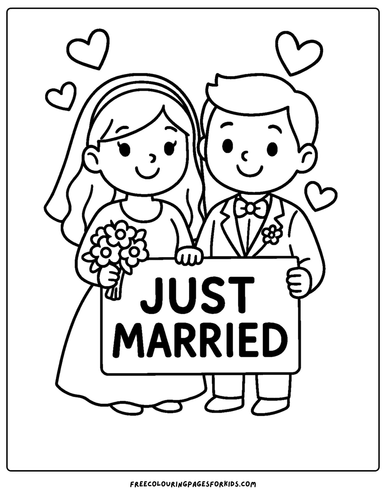 a bride and groom holding a just married sign