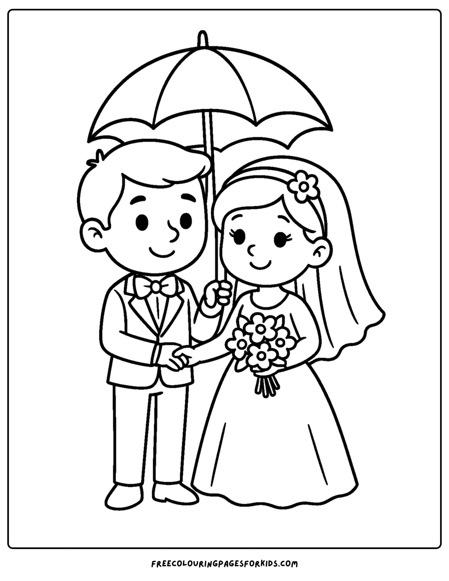 a bride and groom under an umbrella