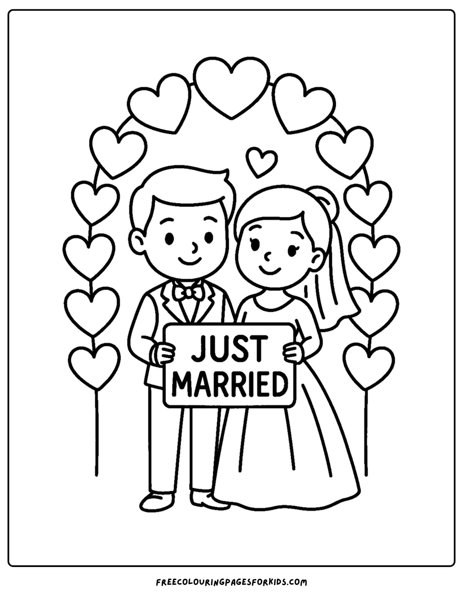 the bride and groom holding a just married sign