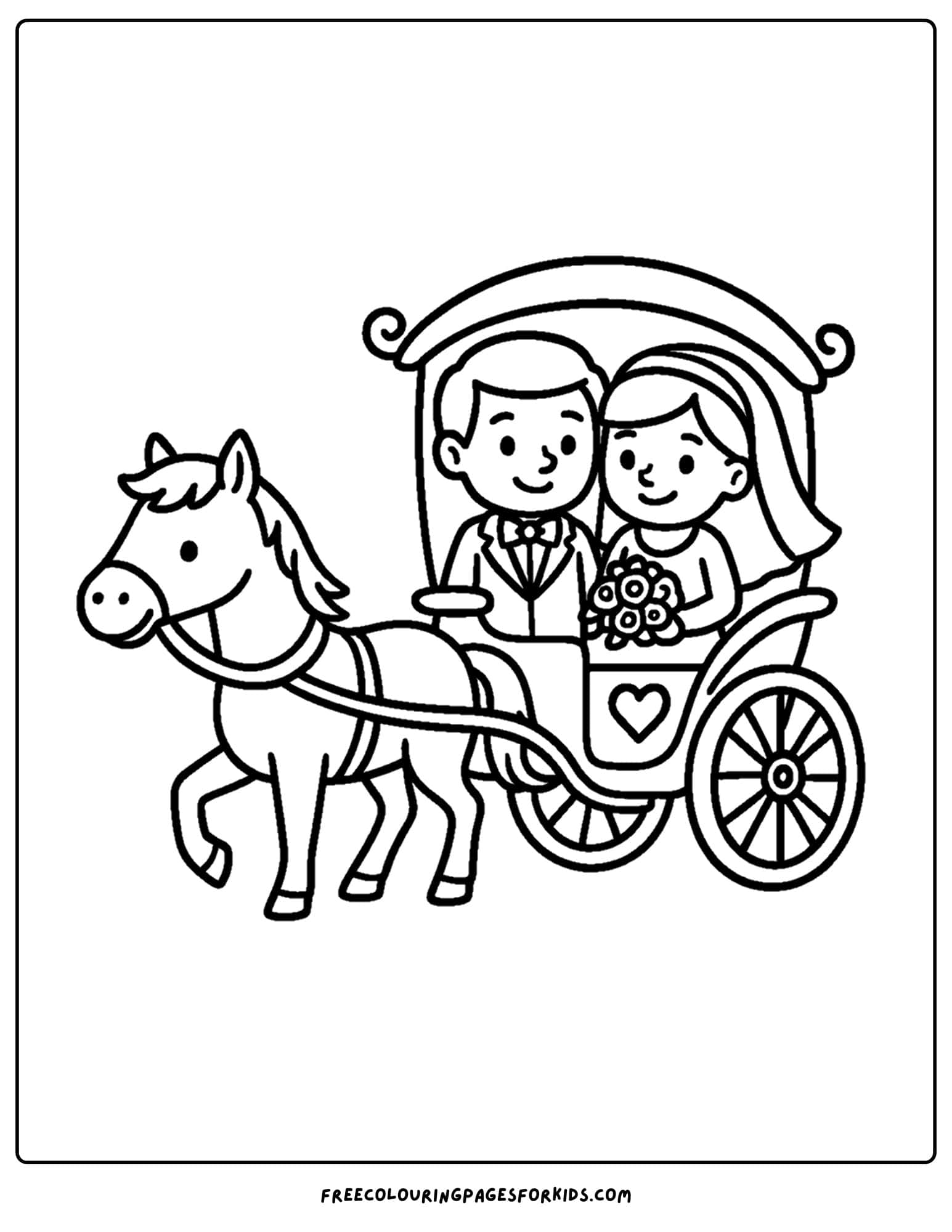 a bride and groom in a horse drawn cart