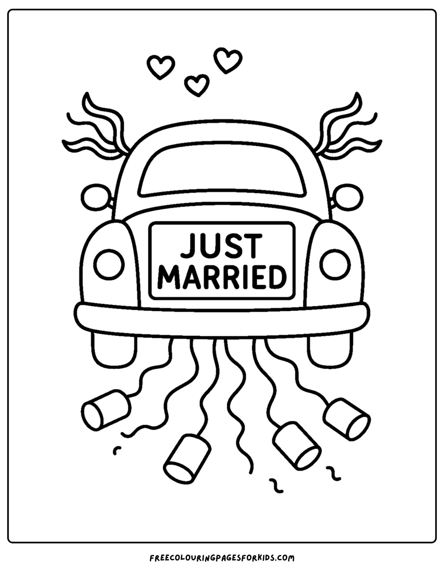 a car with just married on the back and cans tied to it