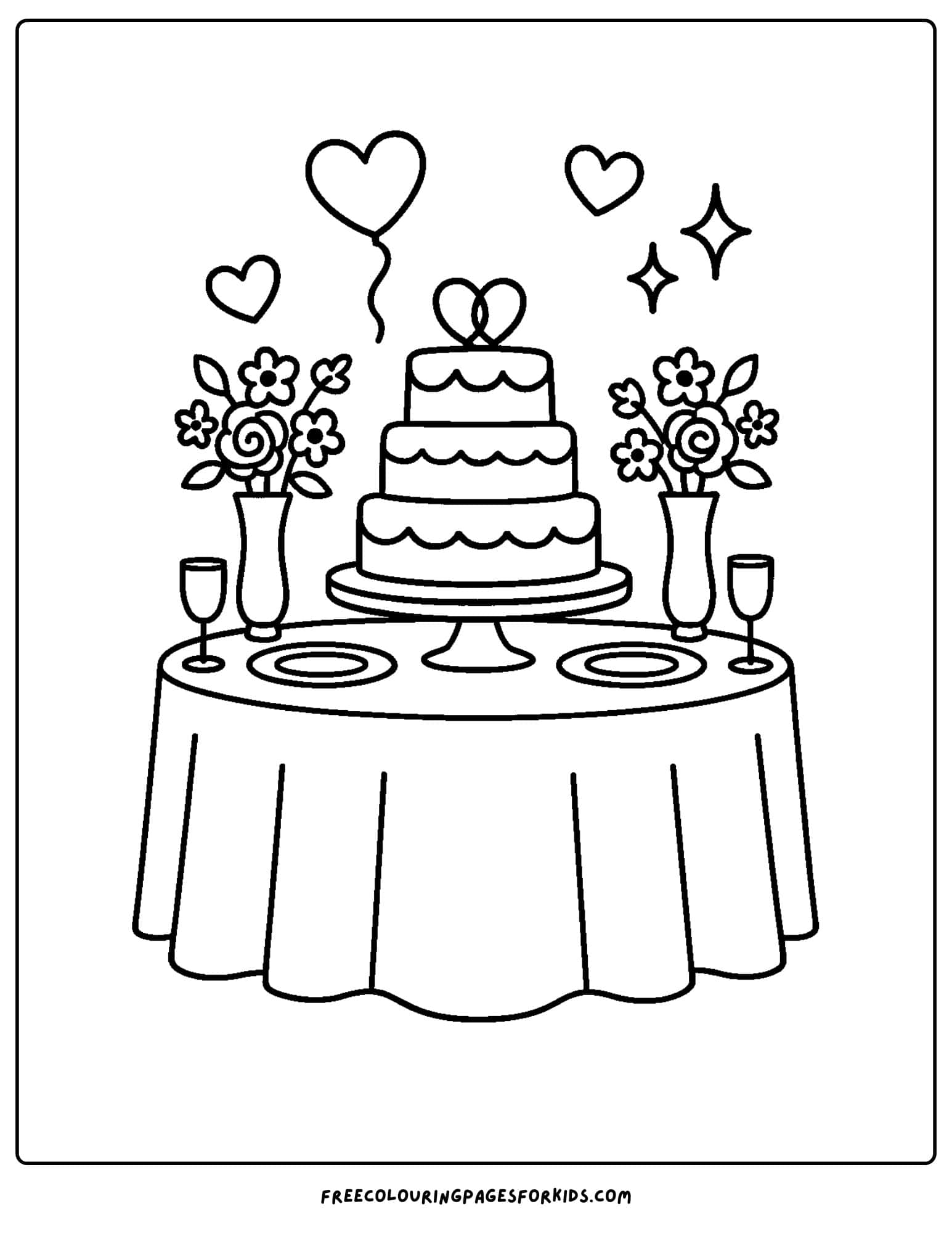 a wedding reception table with the wedding cake on it