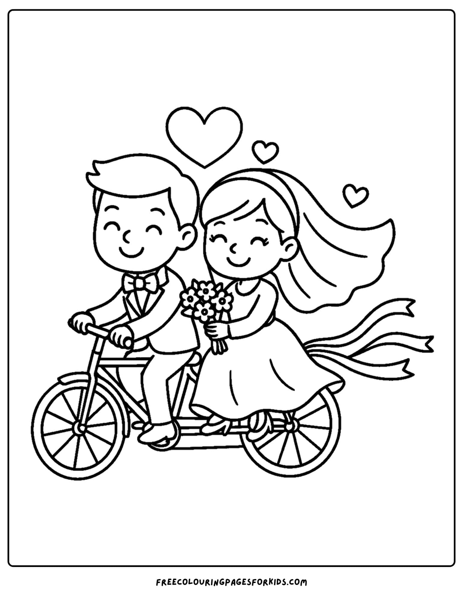 a bride and groom on a tandem bike