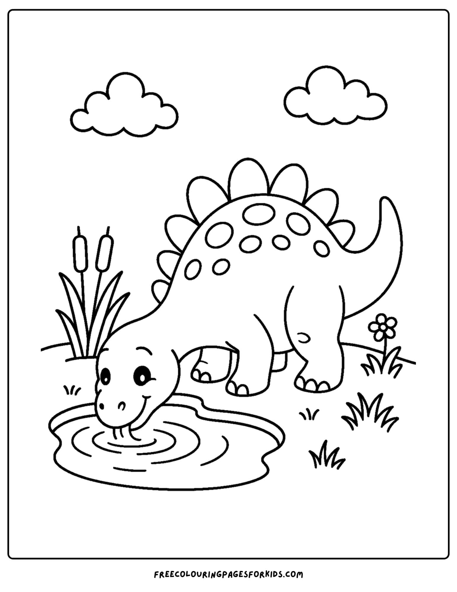 a dinosaur coloring page featuring a dinosaur drinking from a pond