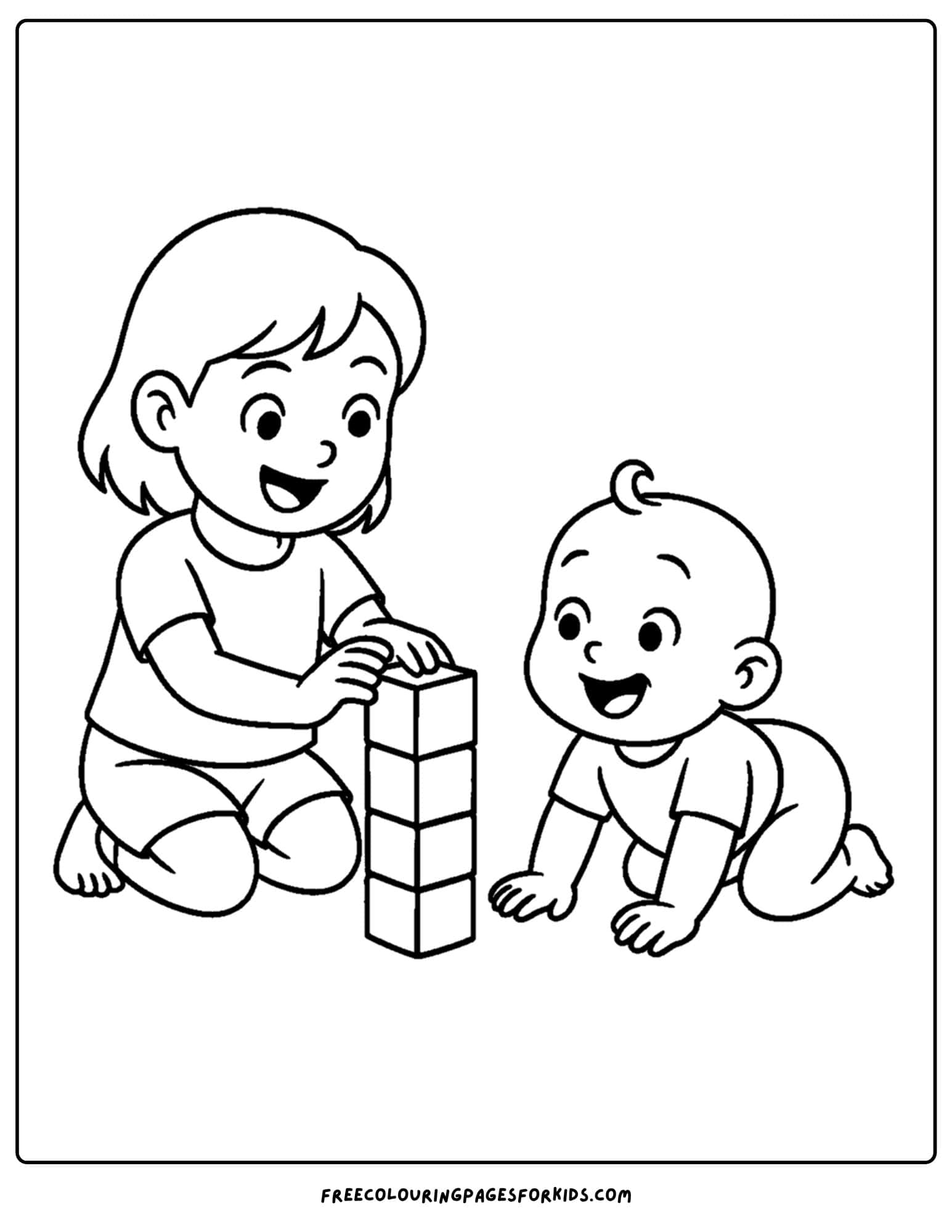 a coloring page of a baby stacking blocks with a sister
