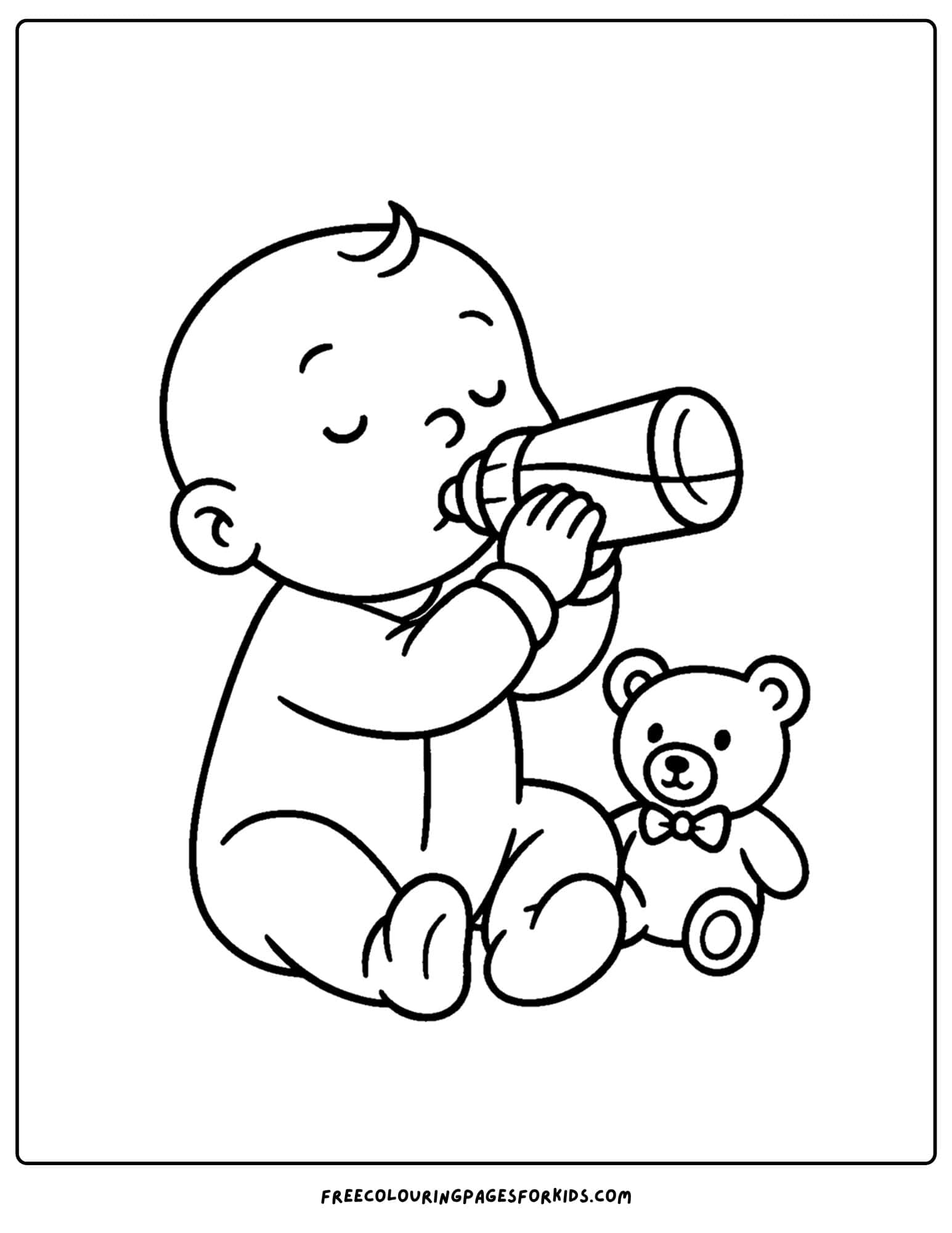 a coloring page of a baby drinking a bottle