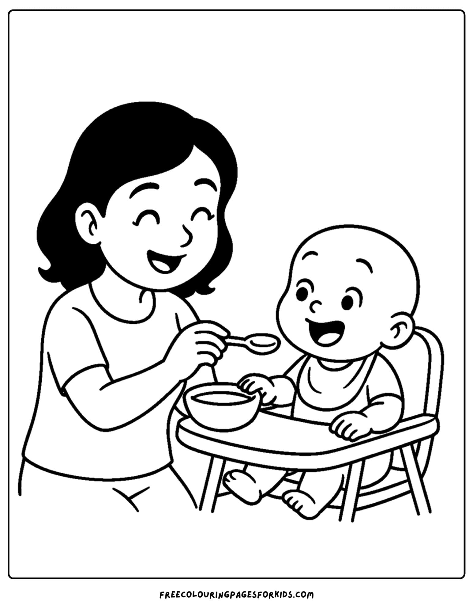 a coloring page of a baby being fed by its mom