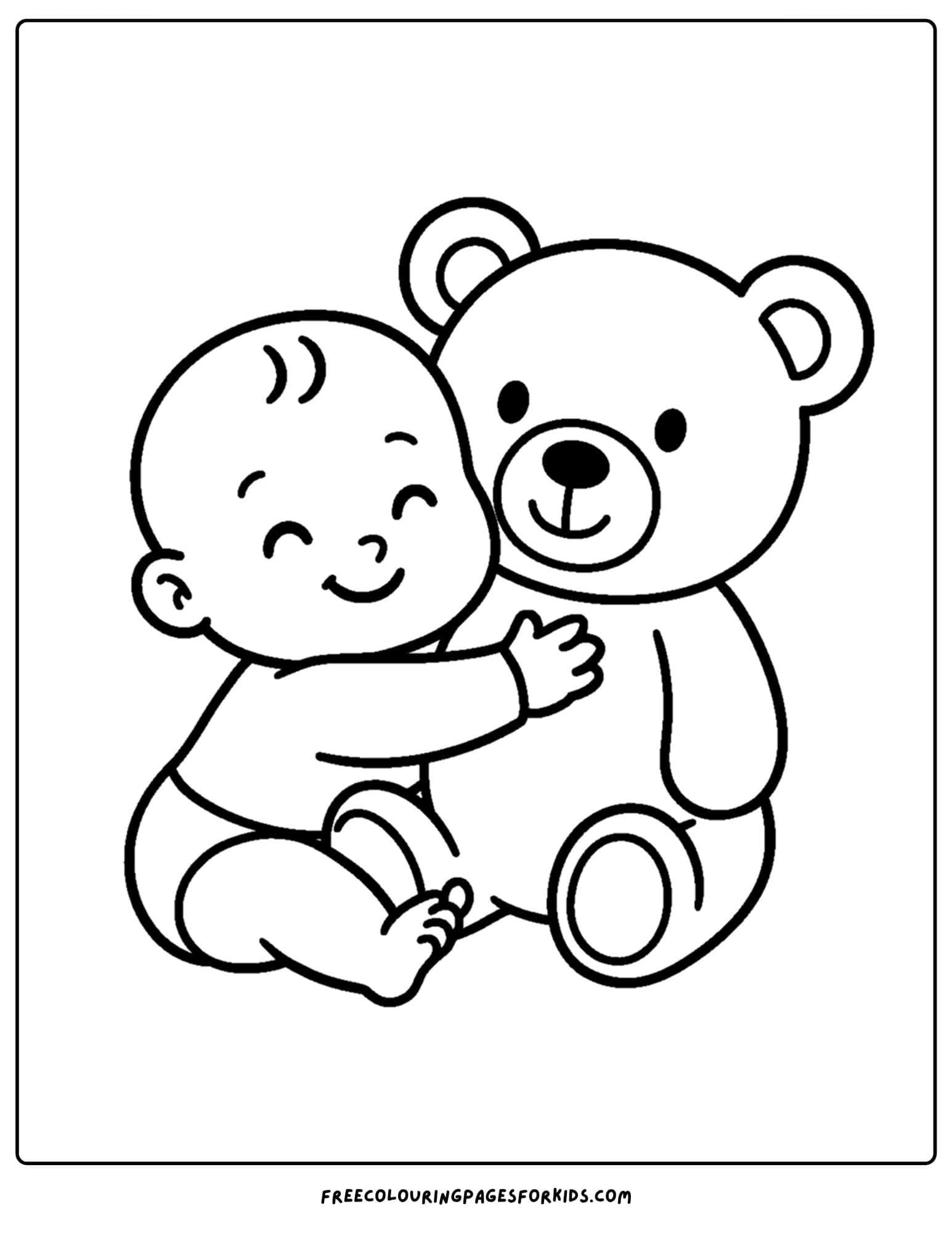a coloring page of a baby hugging a giant teddy bear