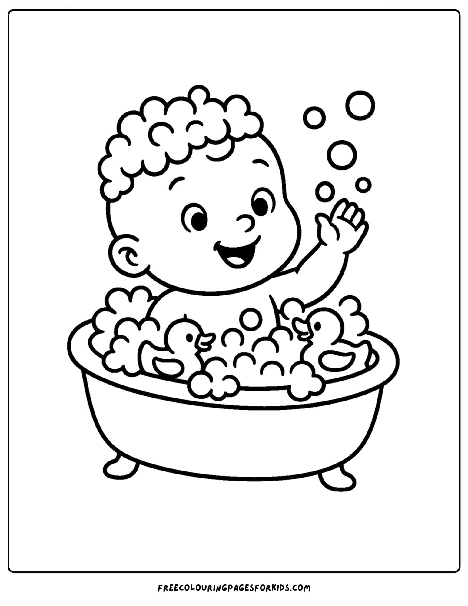 a coloring page of a baby in a bubble bath