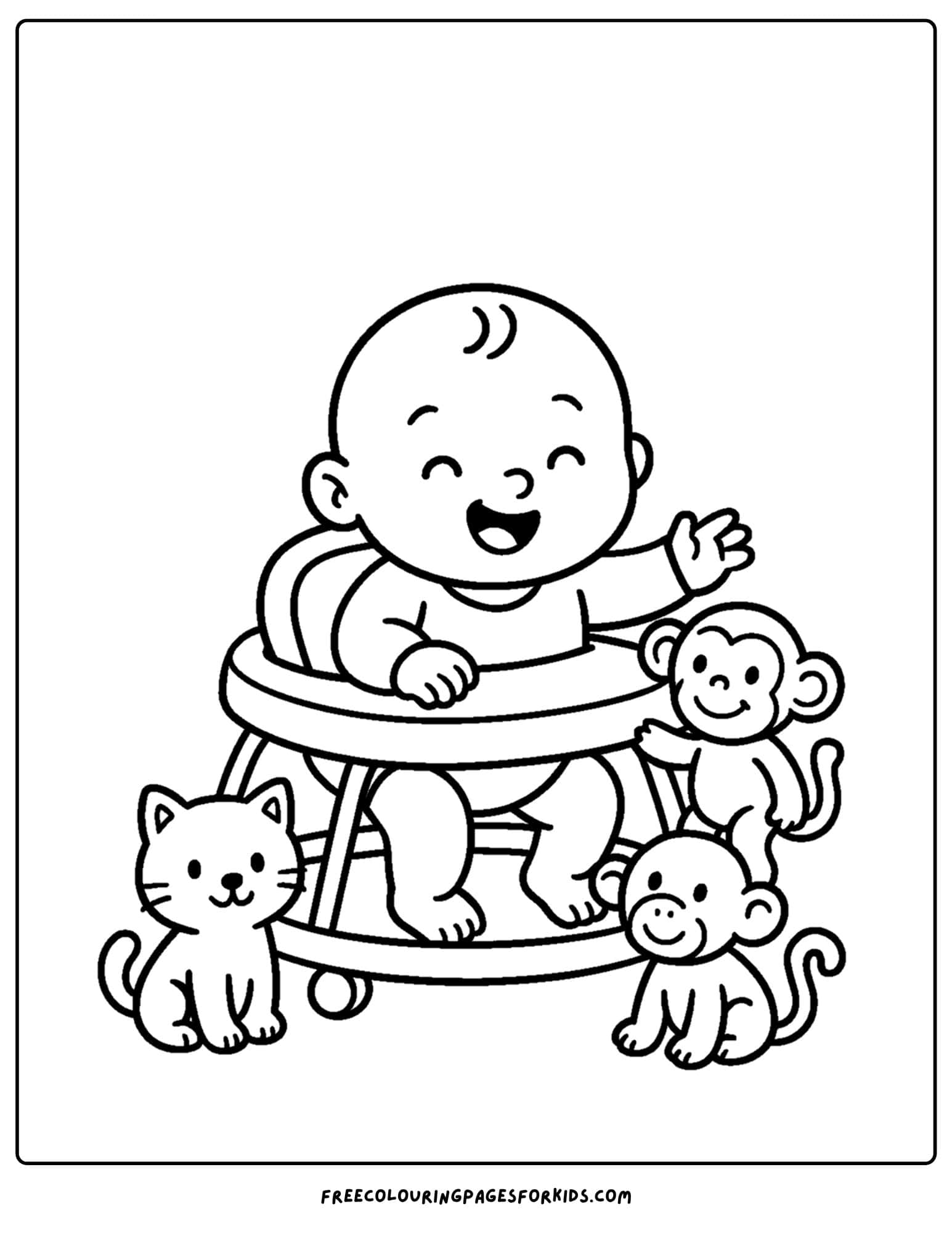 a coloring page of a baby in a walker