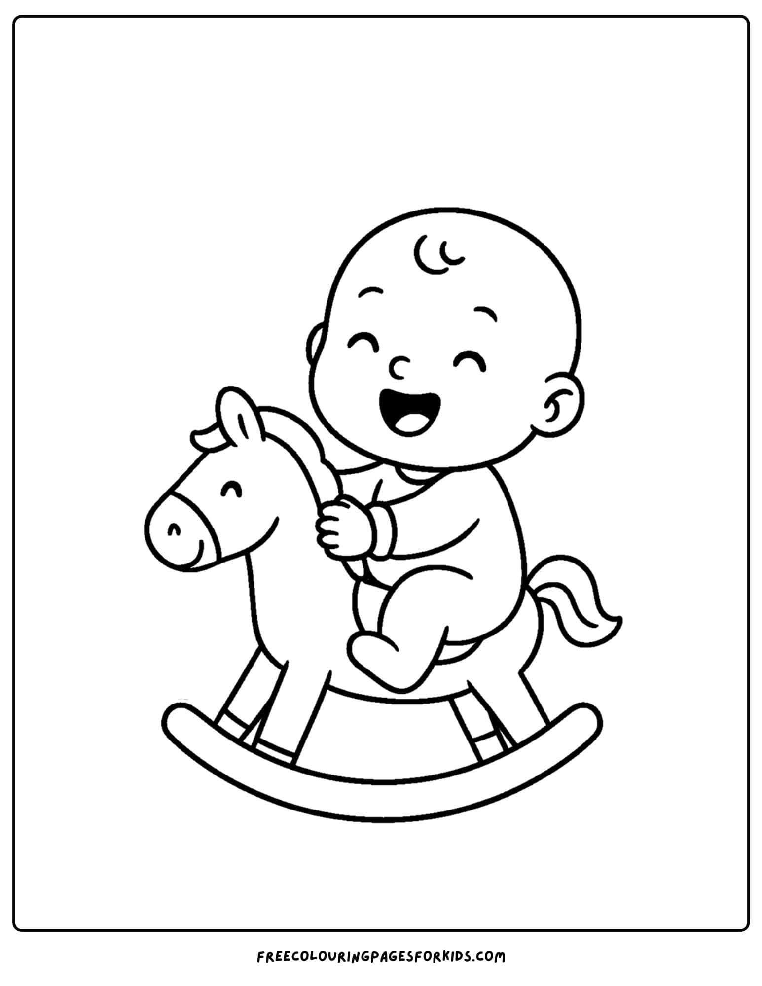 a coloring page of a baby rocking on a rocking horse
