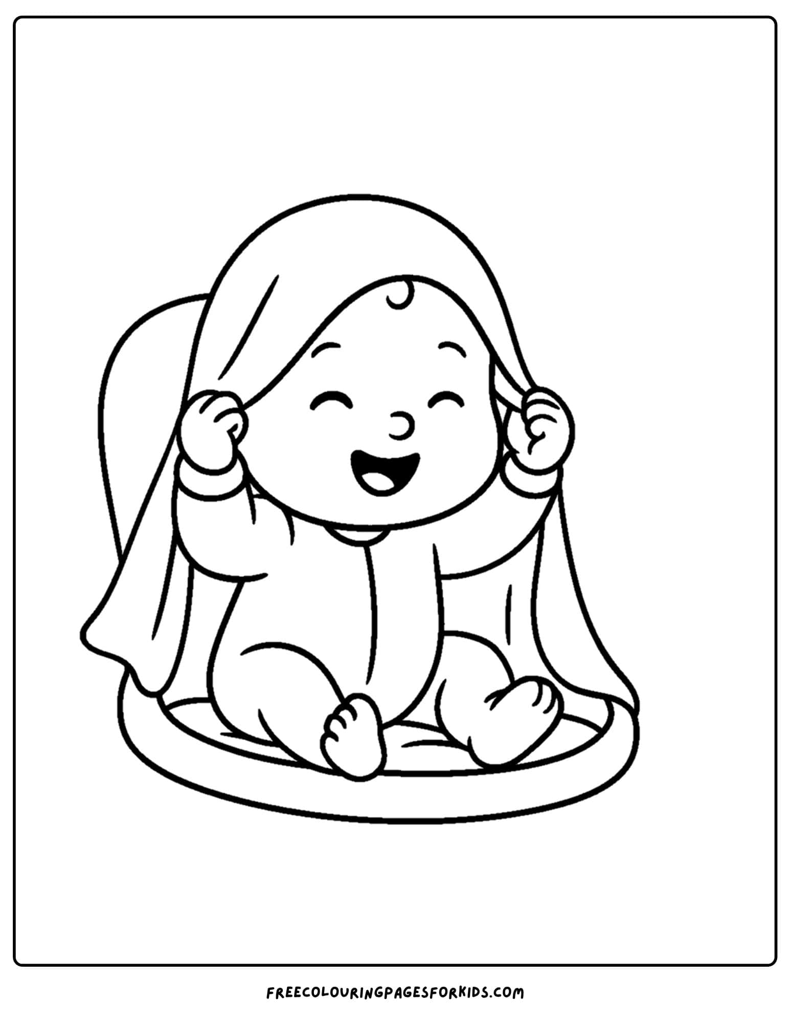 a coloring page of a baby playing peek a boo with a blanket