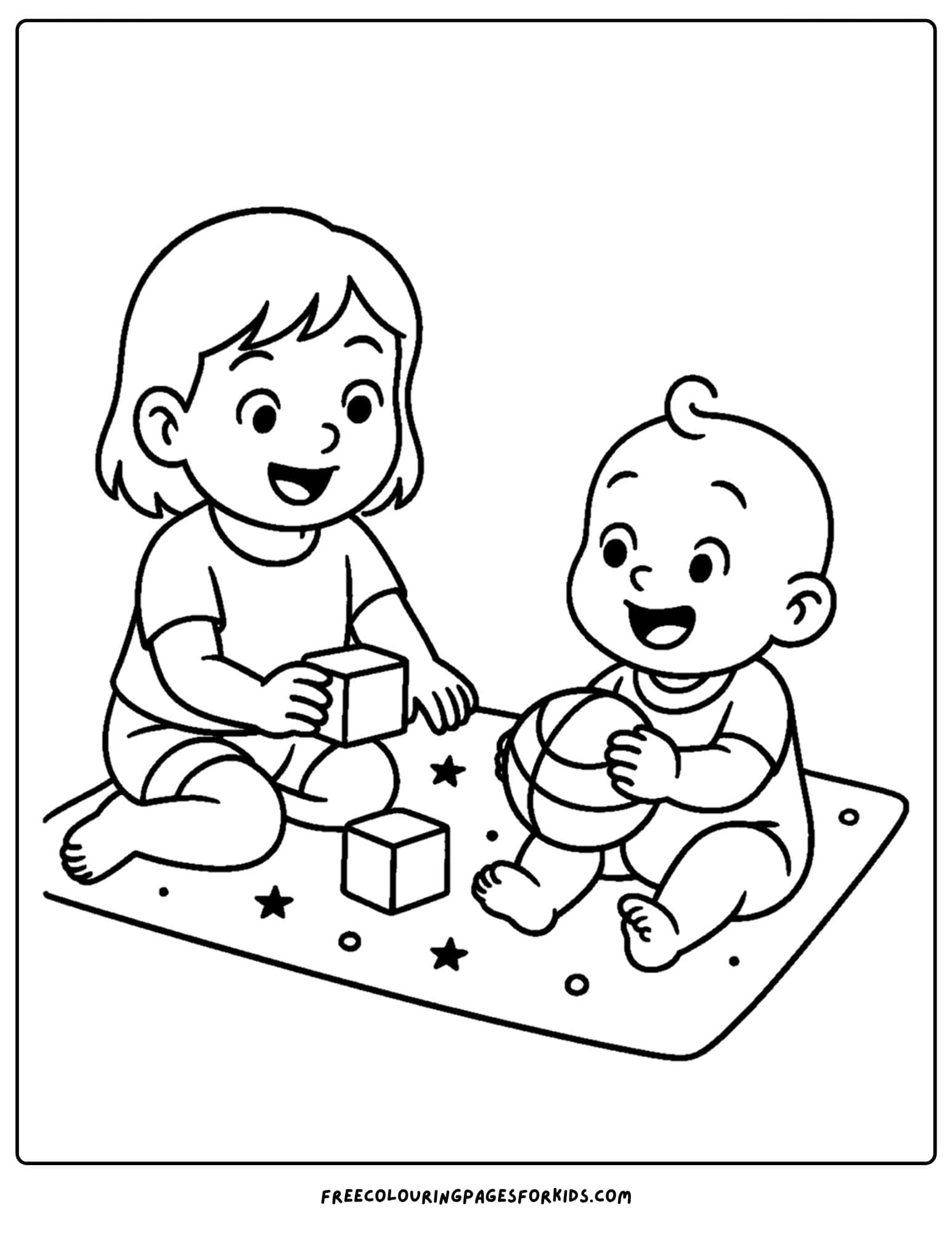 a coloring page of a baby playing on a playmat with a sibling