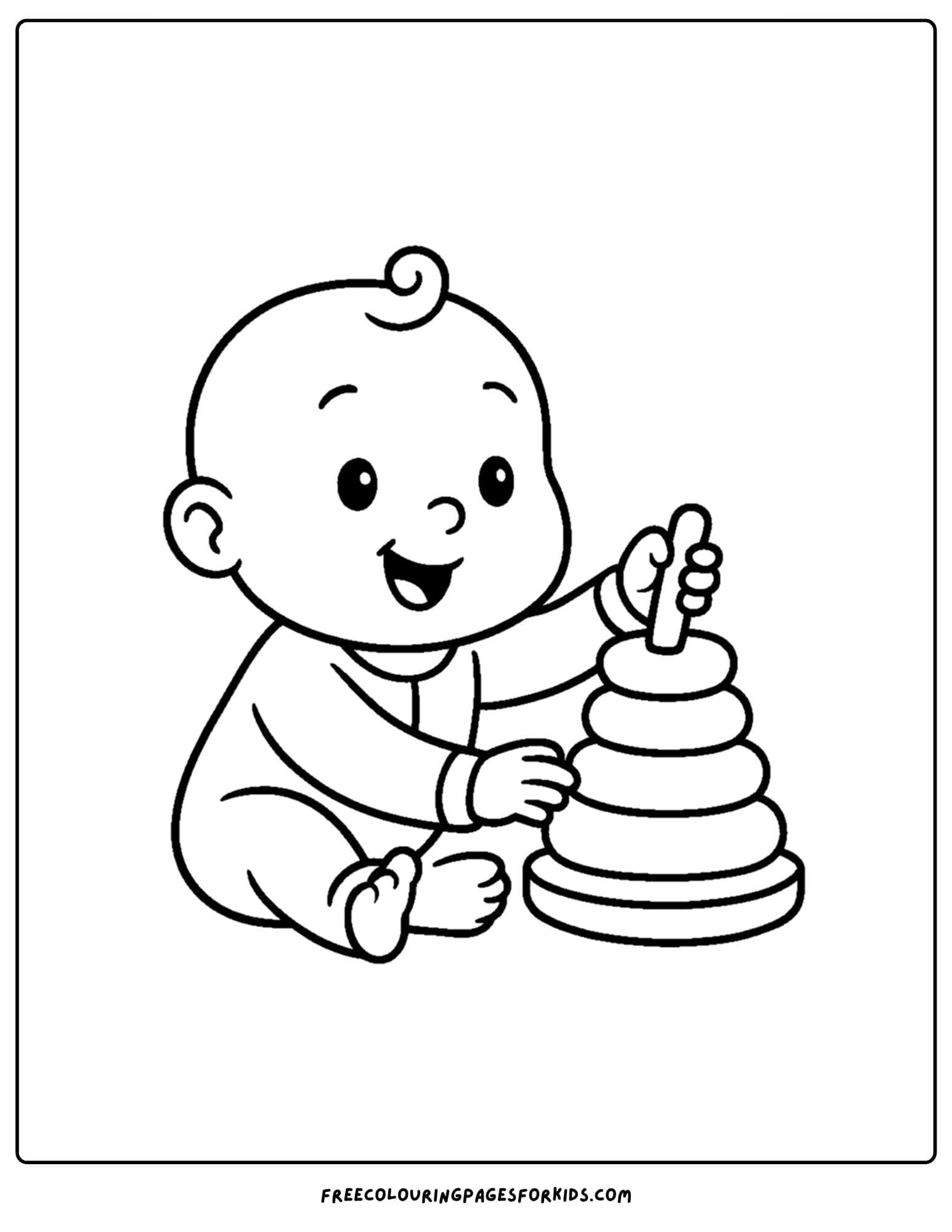 a coloring page of a baby playing with a ring toy