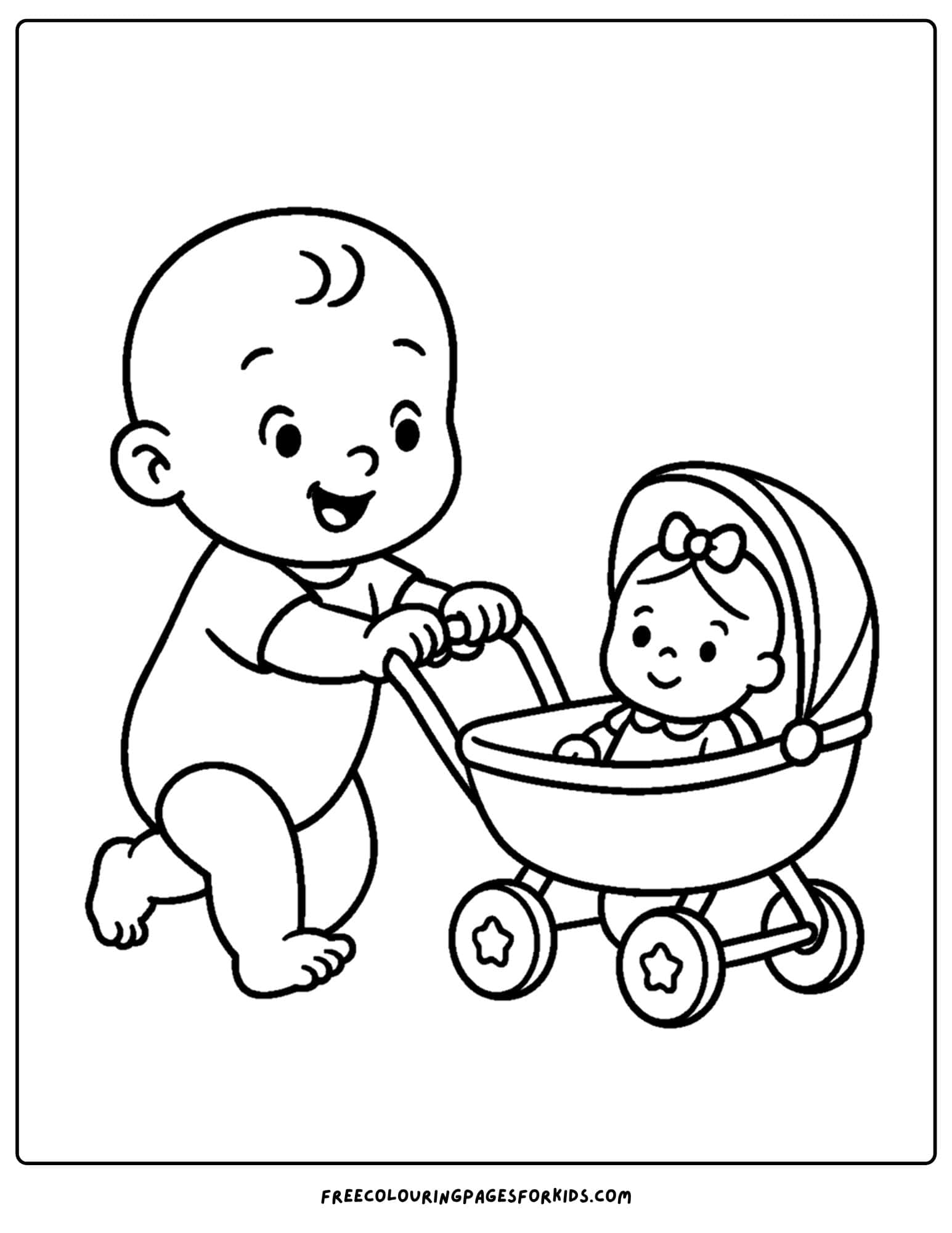 a coloring page of a baby pushing a pram and doll