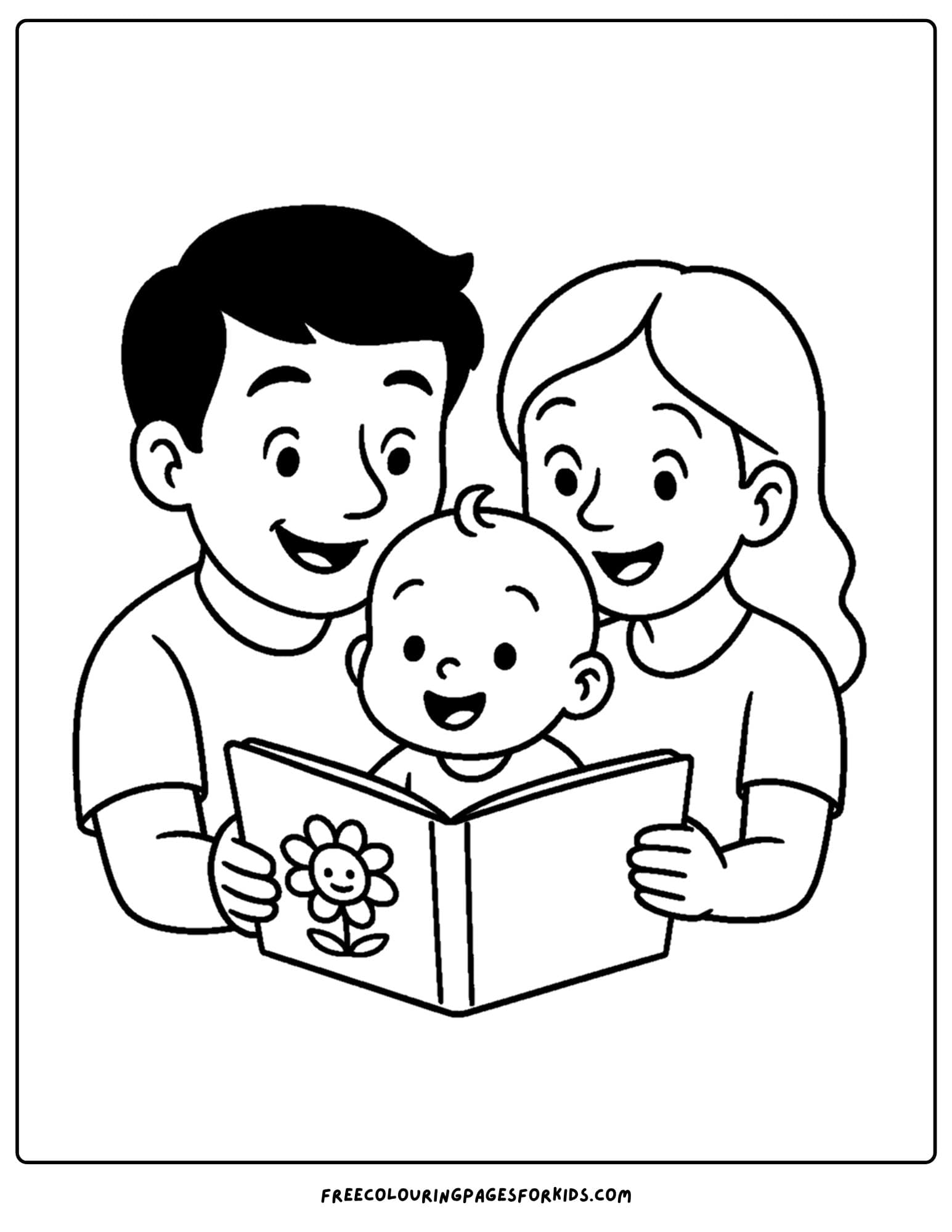 a coloring page of a baby reading a book with its parents