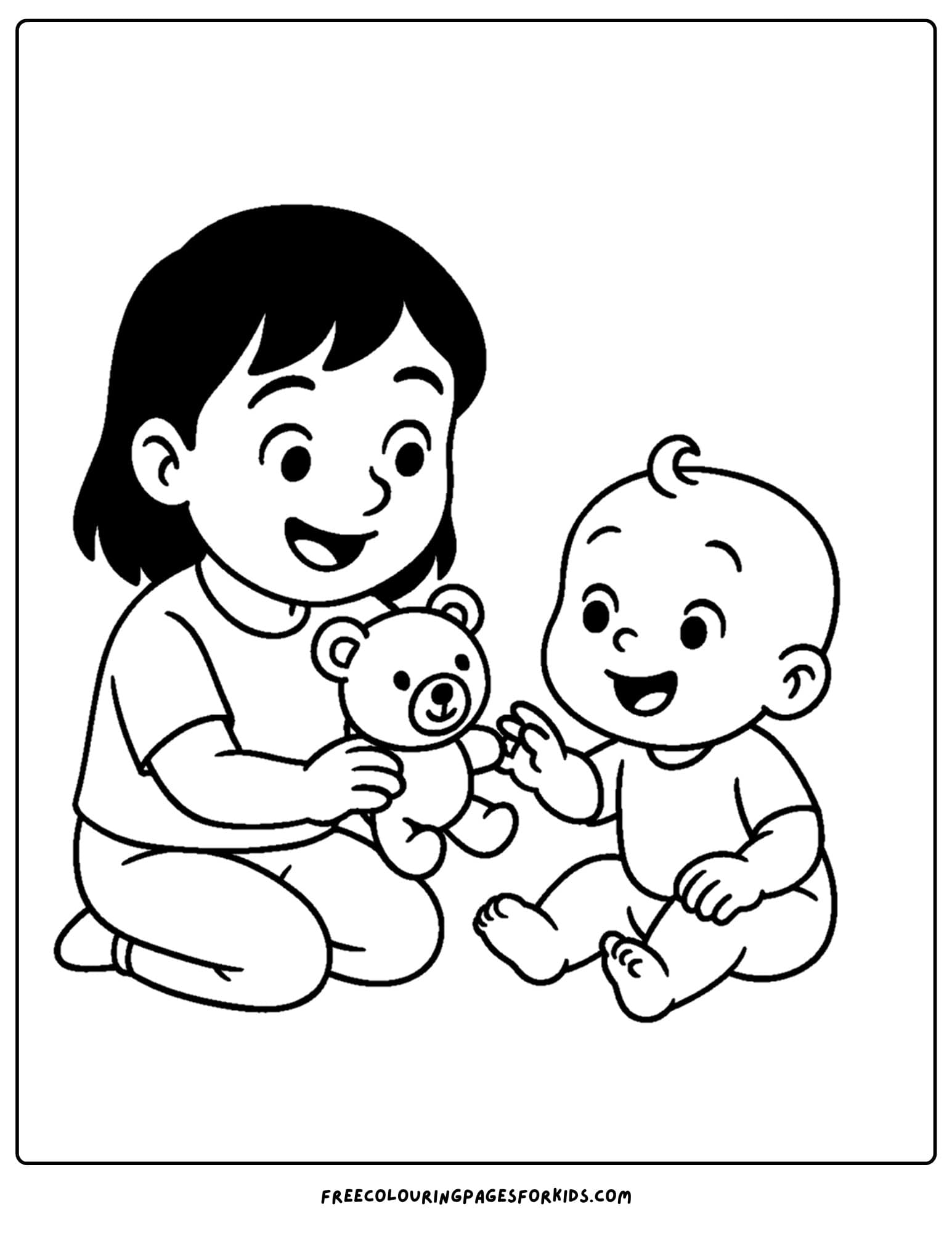 a coloring page of a baby playing with a sister and teddy bear