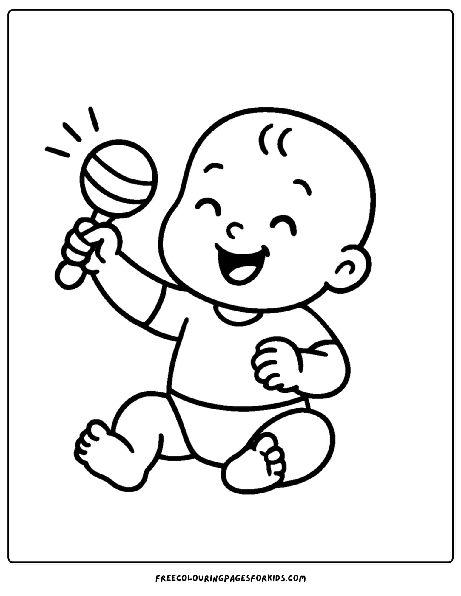 a coloring page of a baby shaking a rattle
