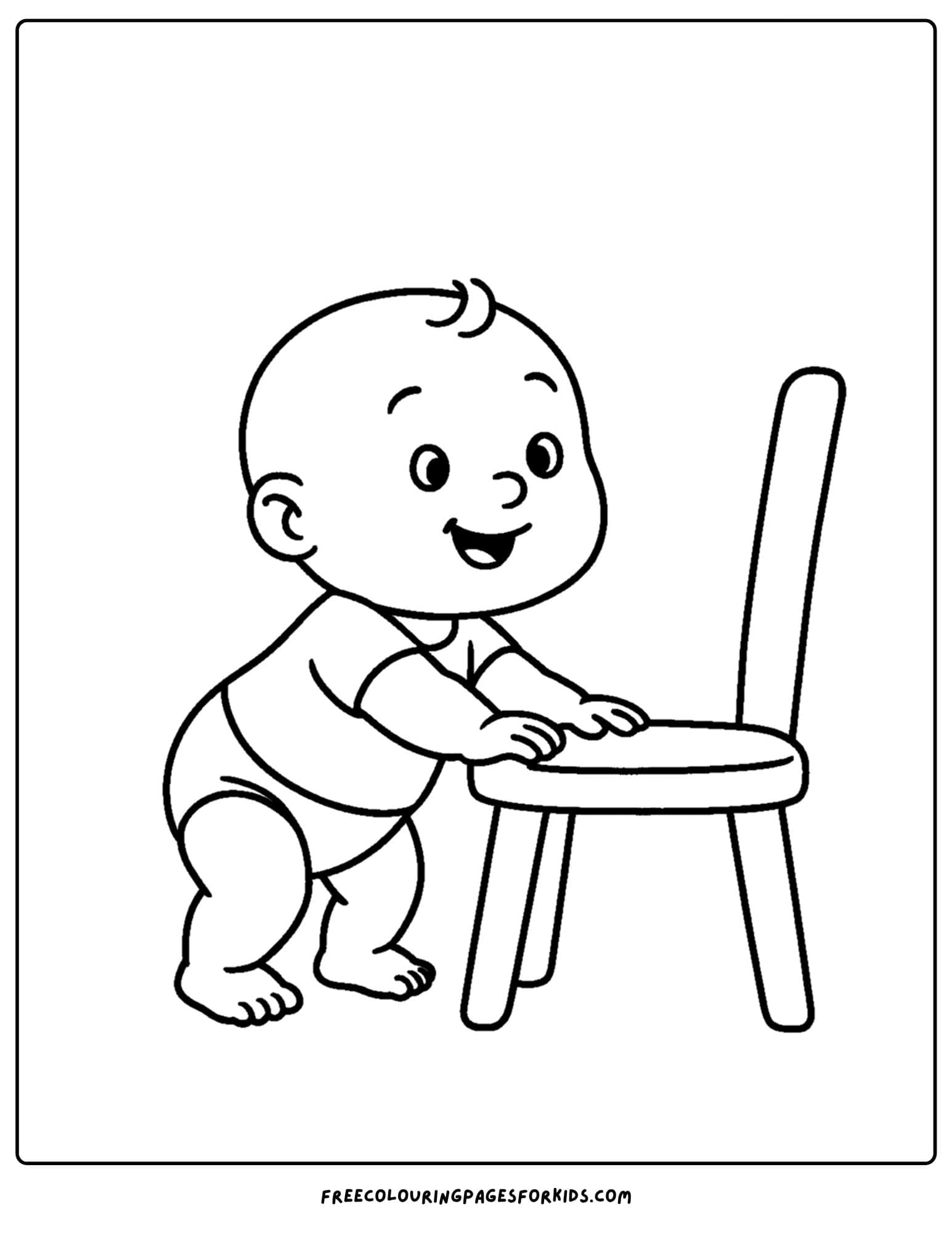 a coloring page of a baby standing up against a chair
