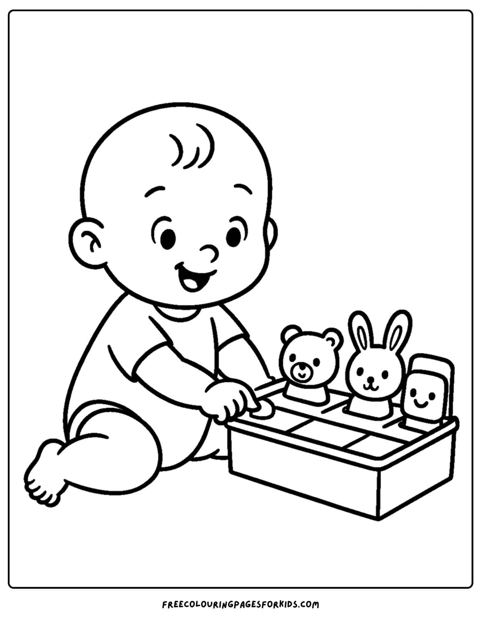 a coloring page of a baby playing with a pop up toy