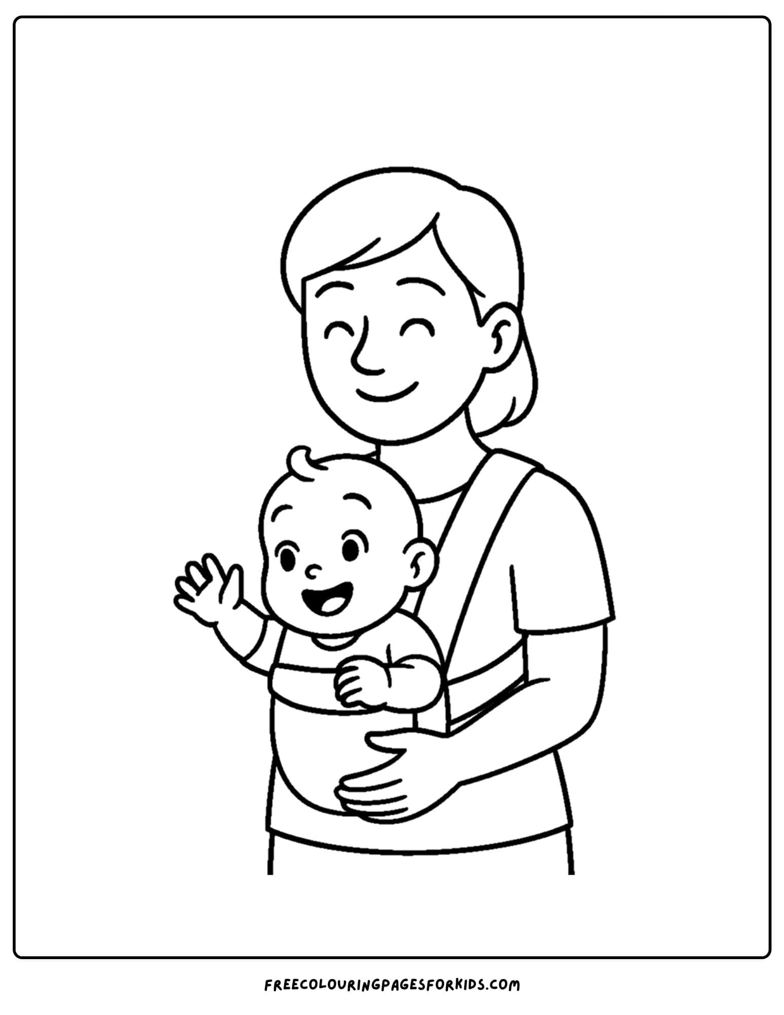a coloring page of a baby being carried in a carrier by its parent