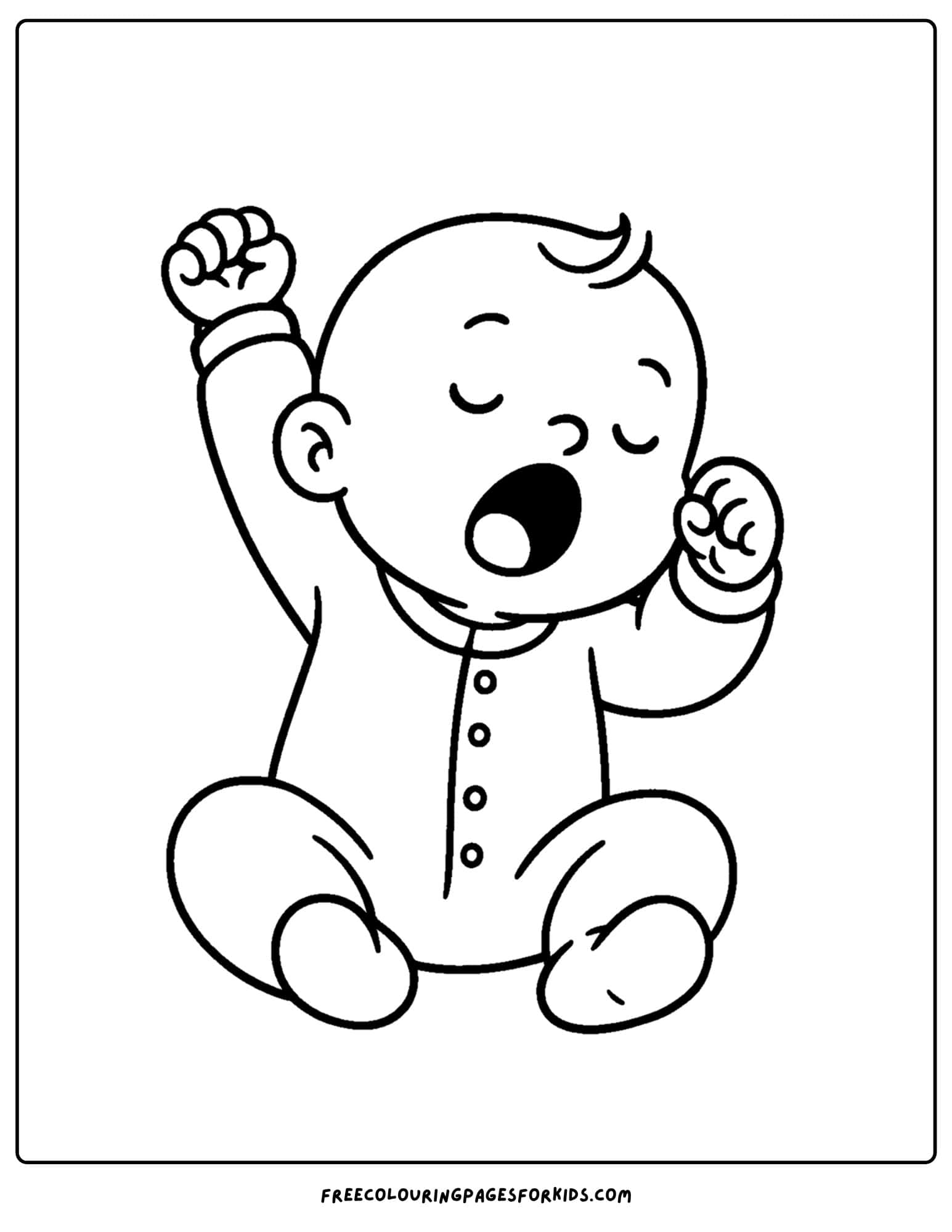 a coloring page of a baby yawning and stretching in its pajamas