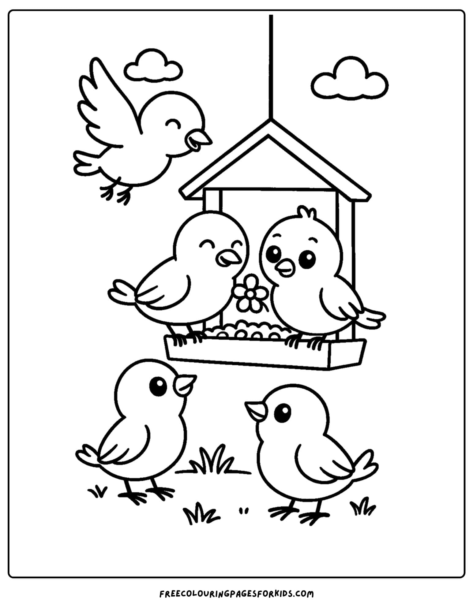 birds eating from a bird feeder coloring page