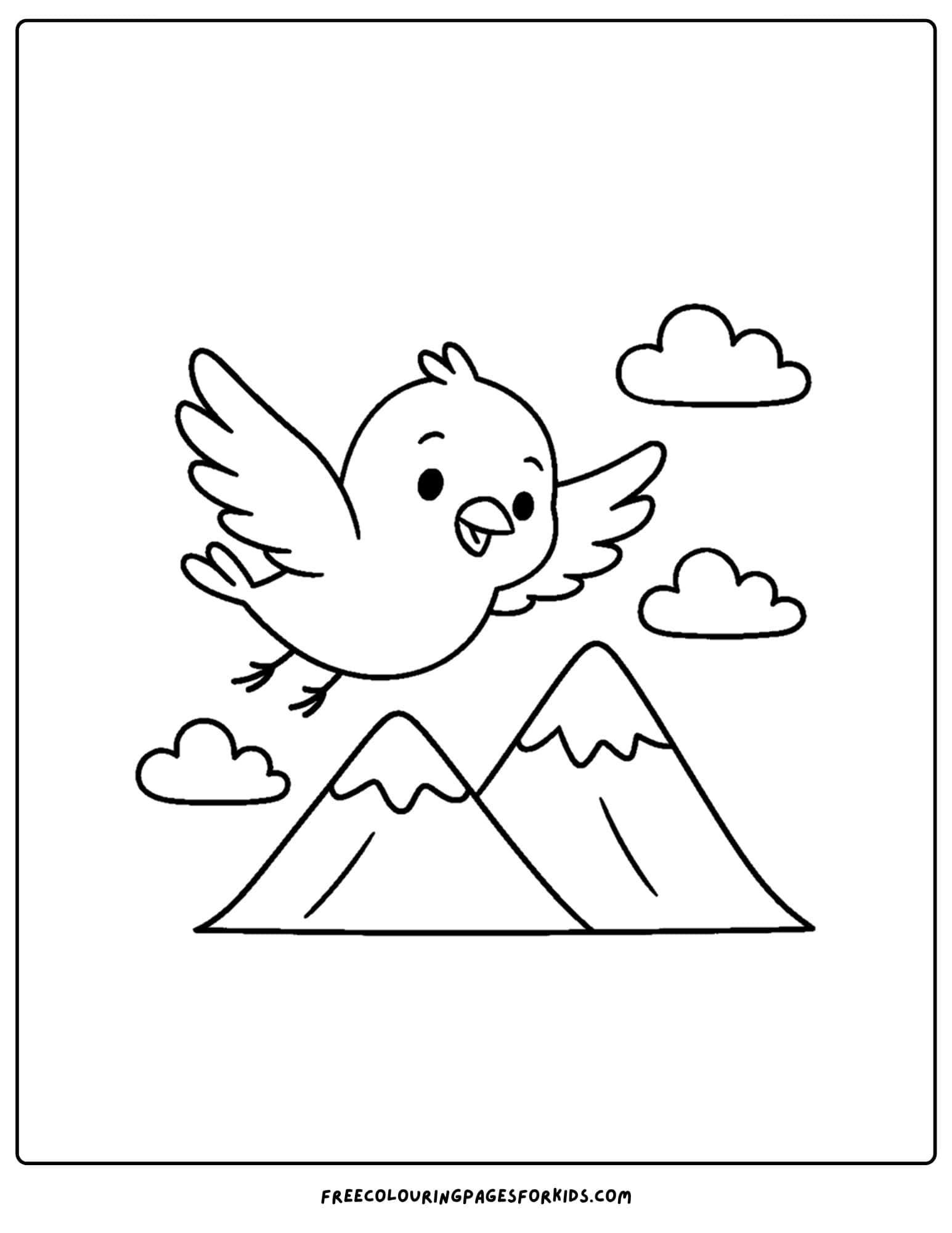 a bird flying over a mountain coloring page
