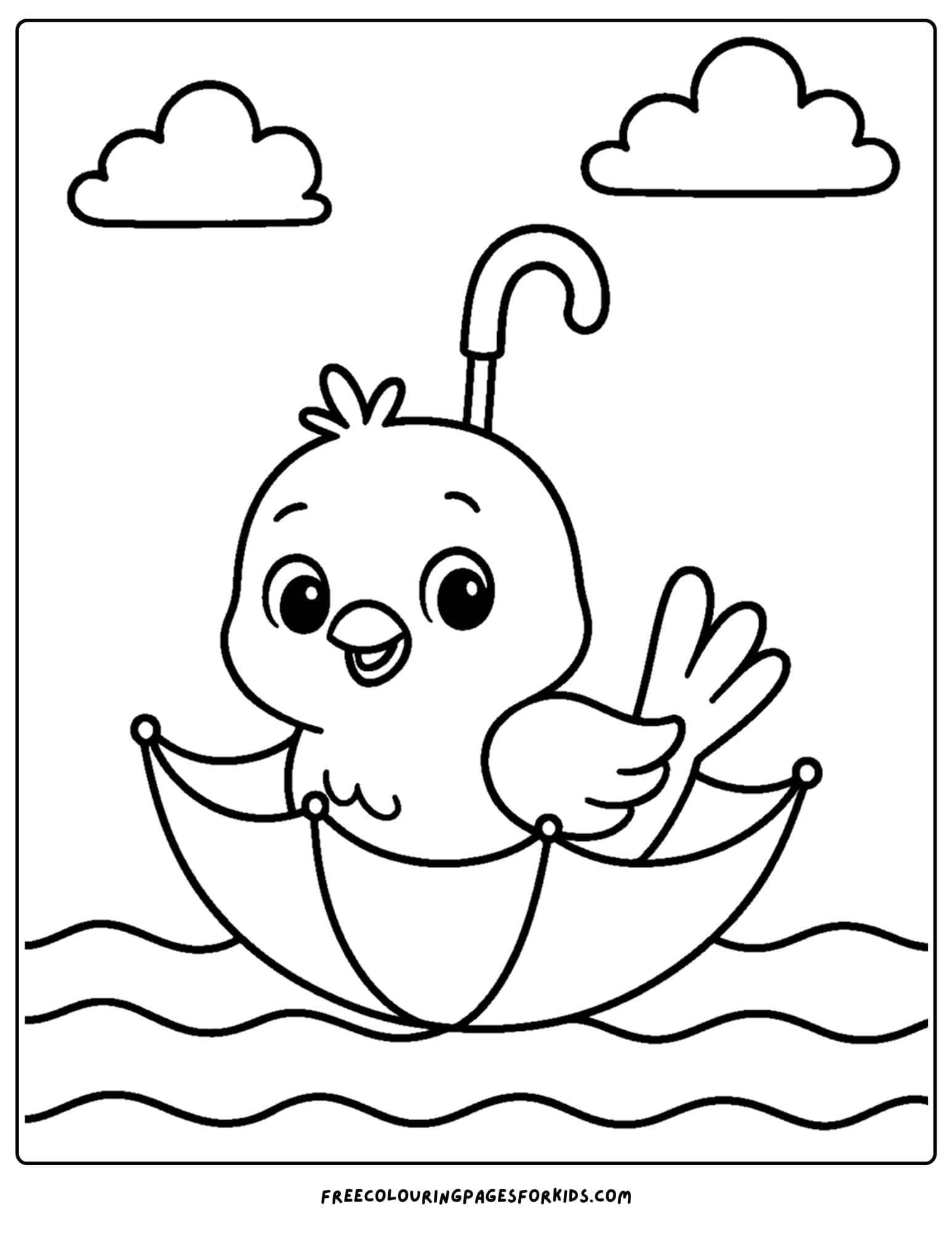 a bird in an upside down umbrella on the water coloring page