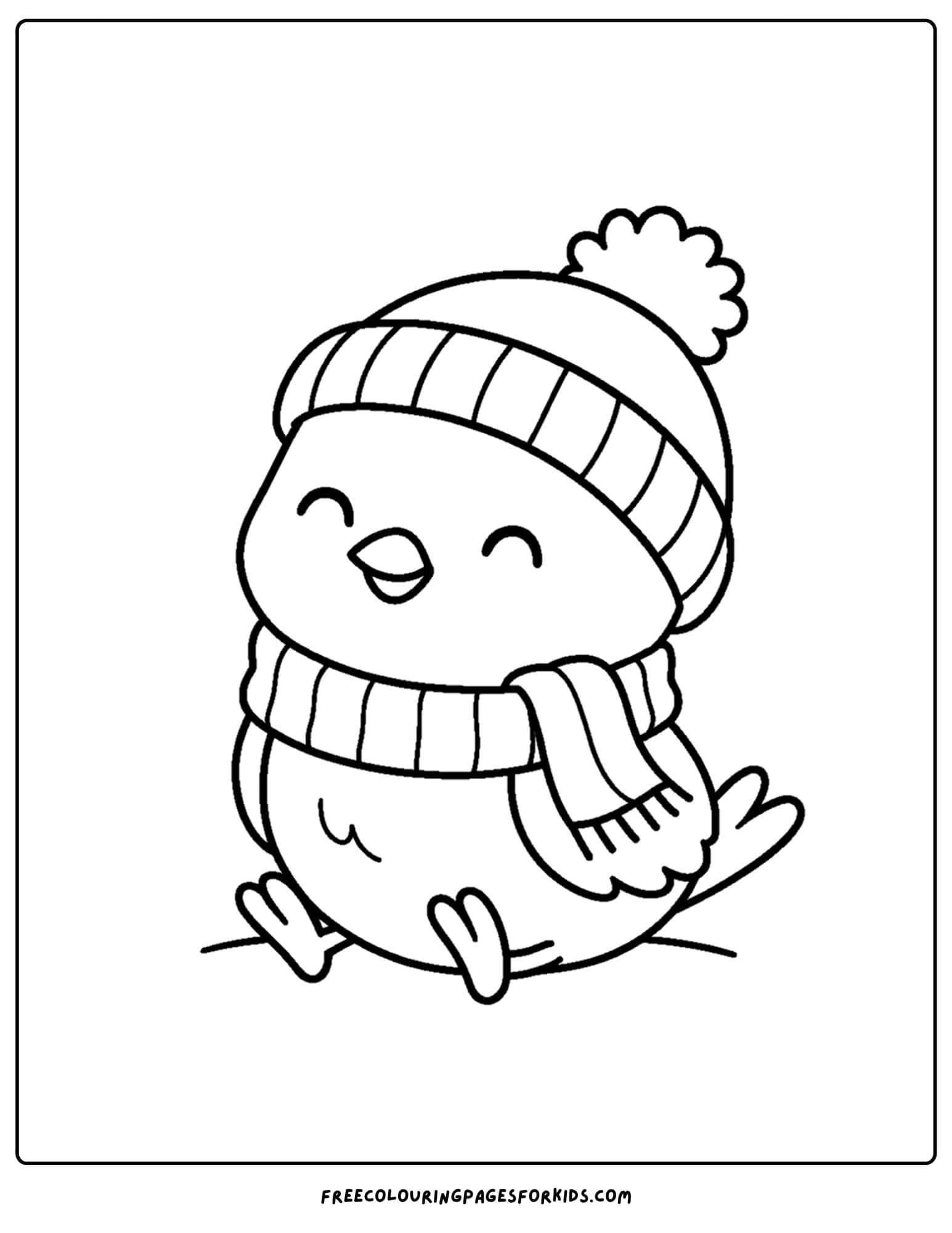 a bird wearing a hat and scarf to keep warm coloring page