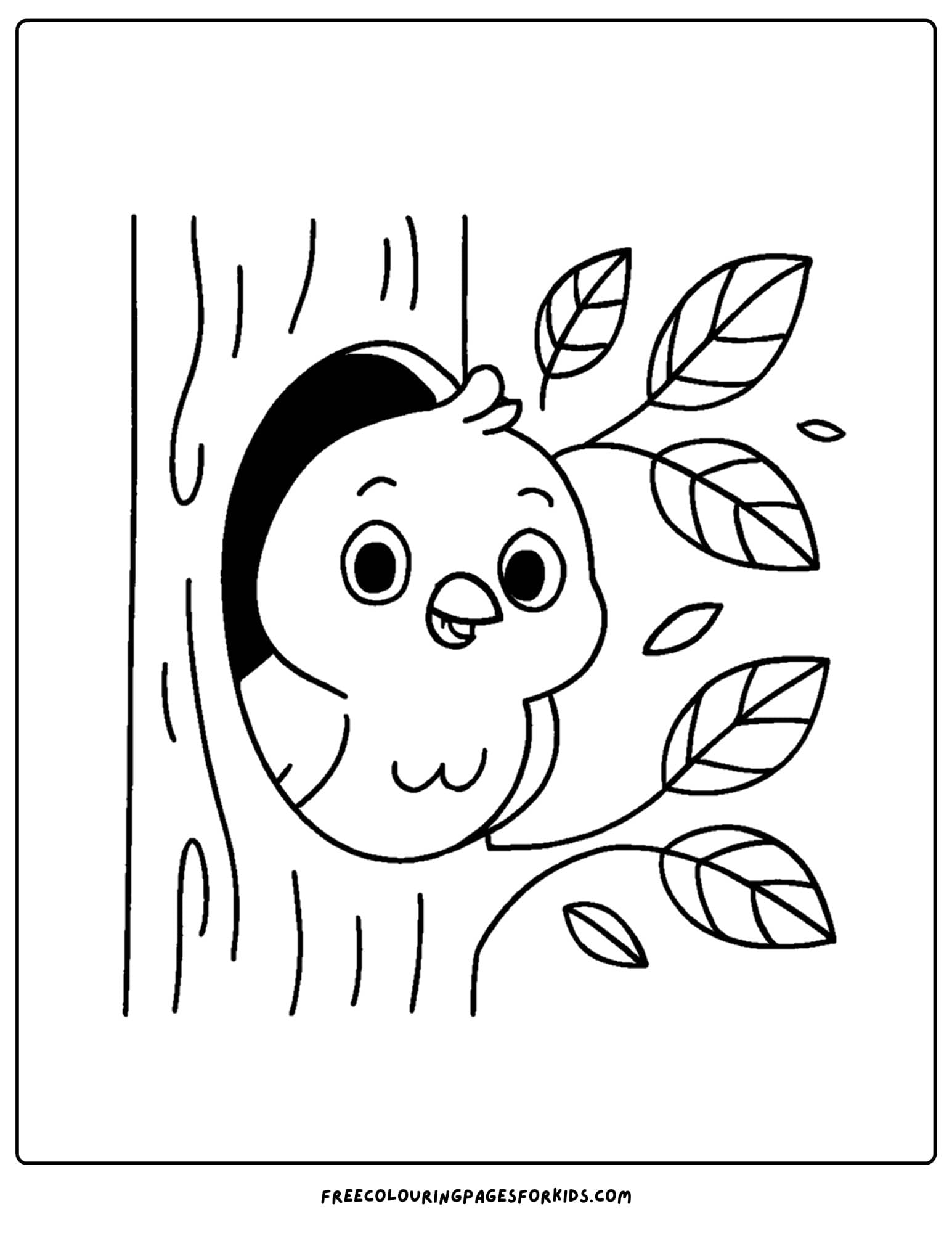 a bird peeking from a hole in a tree coloring page