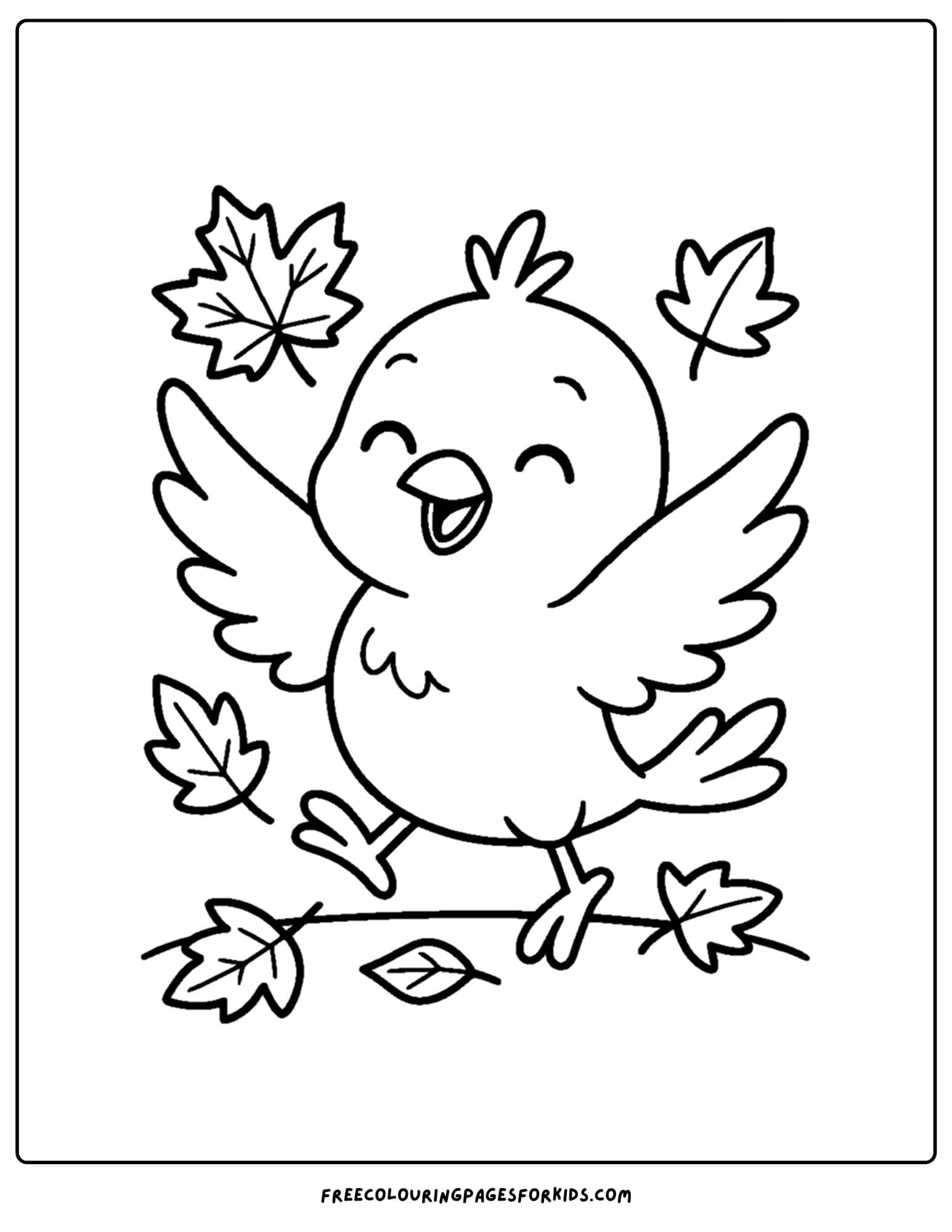 a bird playing in some leaves coloring page