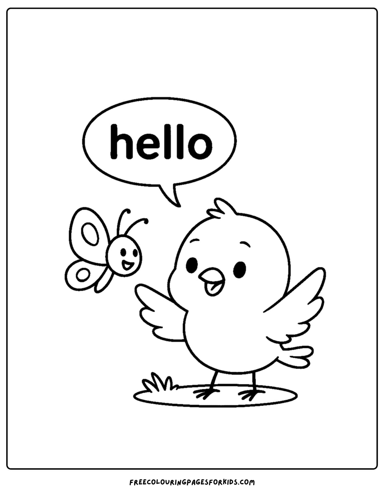 a bird saying hello to a butterfly coloring page