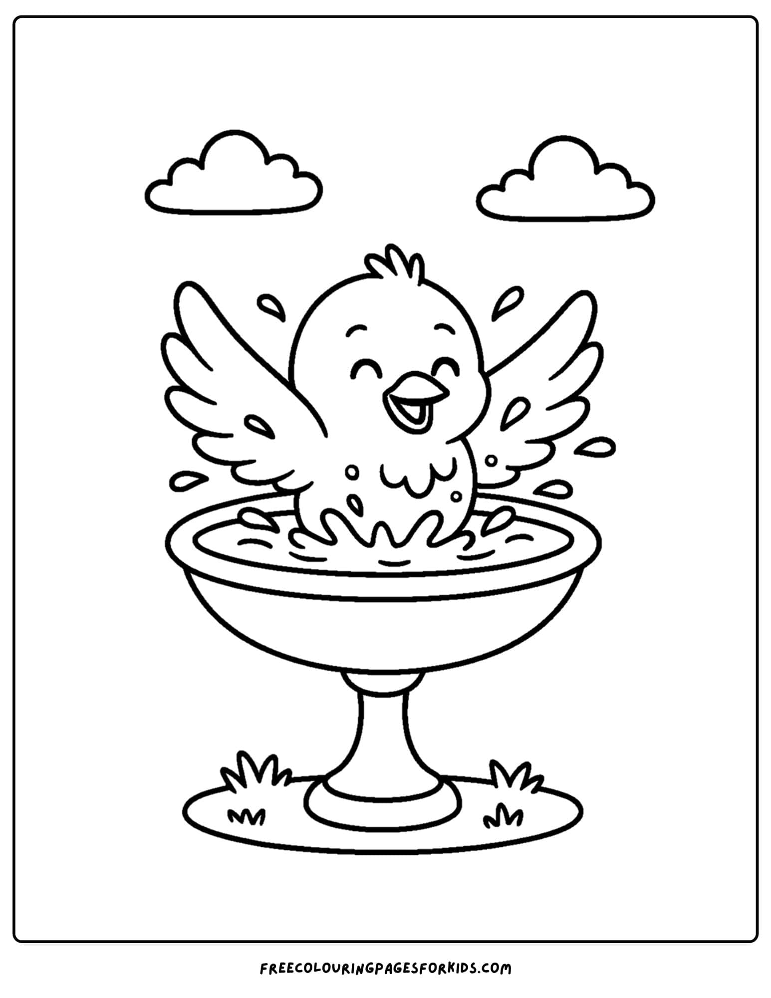 a bird having a wash in a bird bath coloring page
