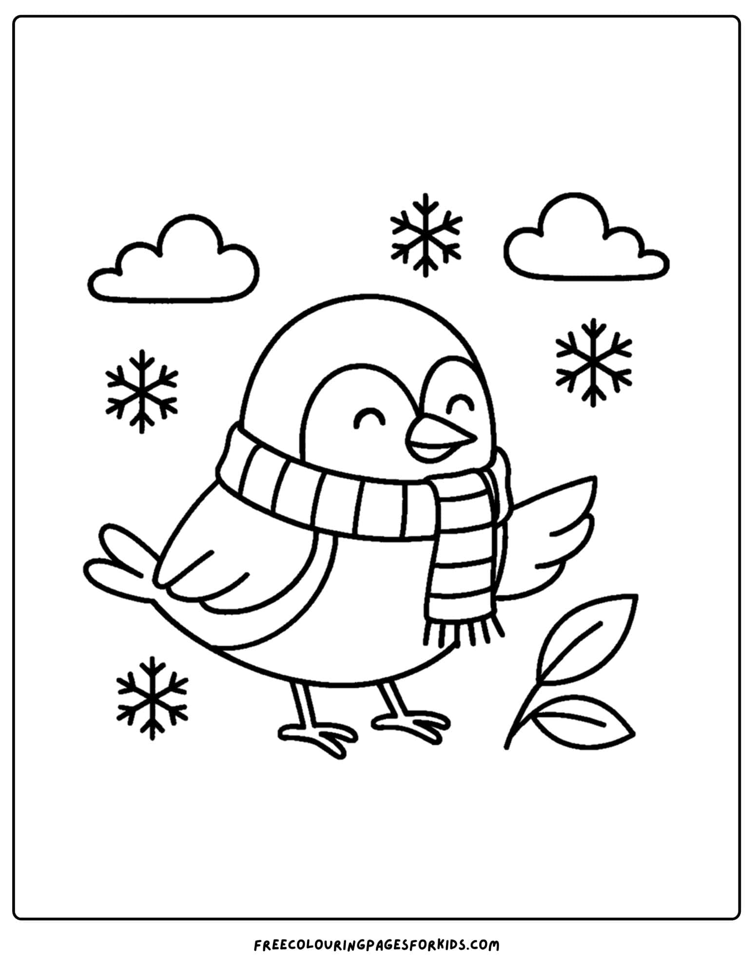a bird wearing a scarf with snow falling coloring page