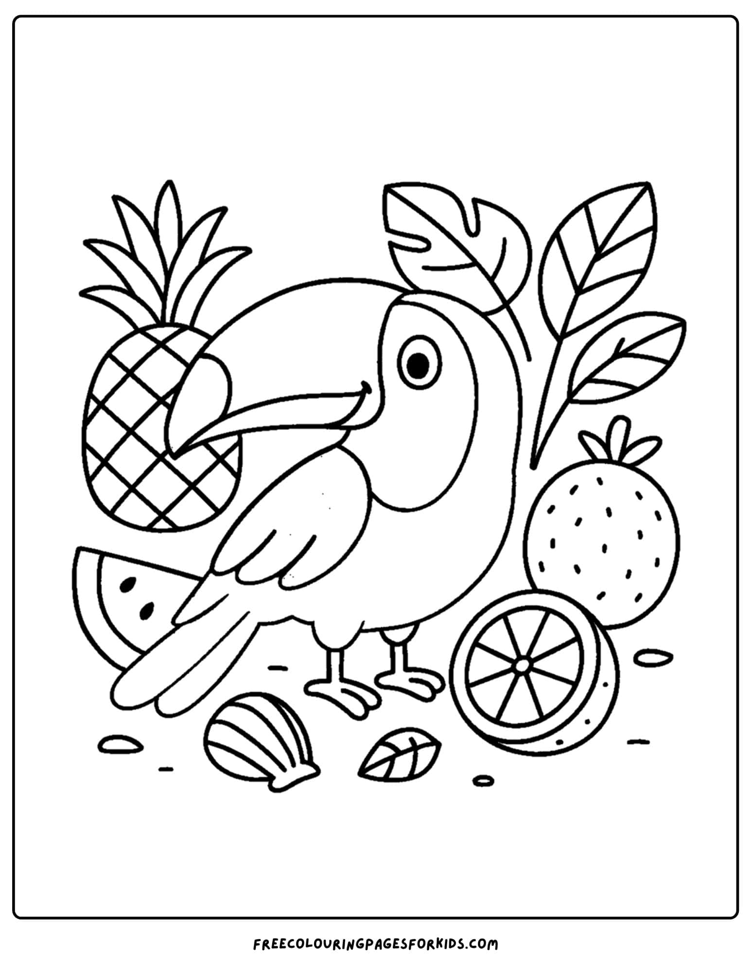 a toucan surrounded by fruit coloring page