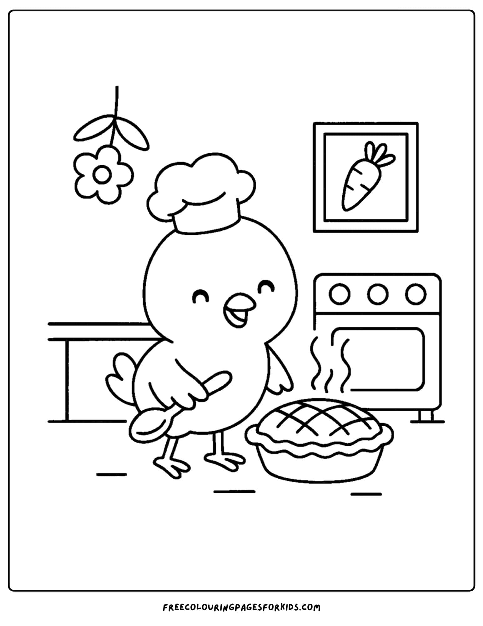 a coloring page of a chicken baking a pie