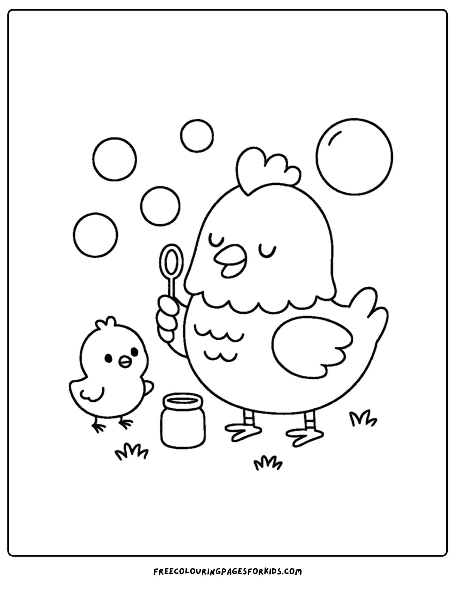 a coloring page of a chicken blowing bubbles