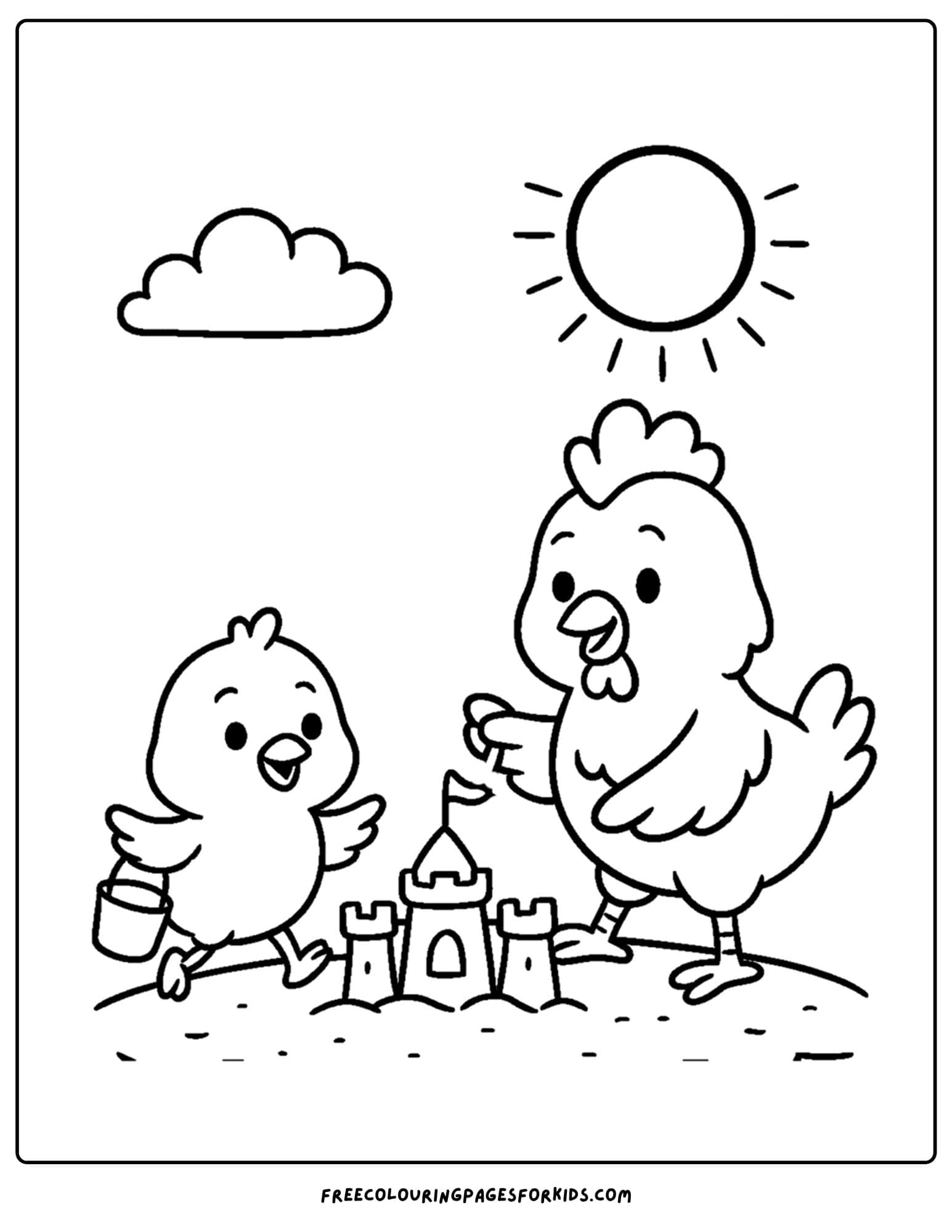 a coloring page of a chicken making a sandcastle
