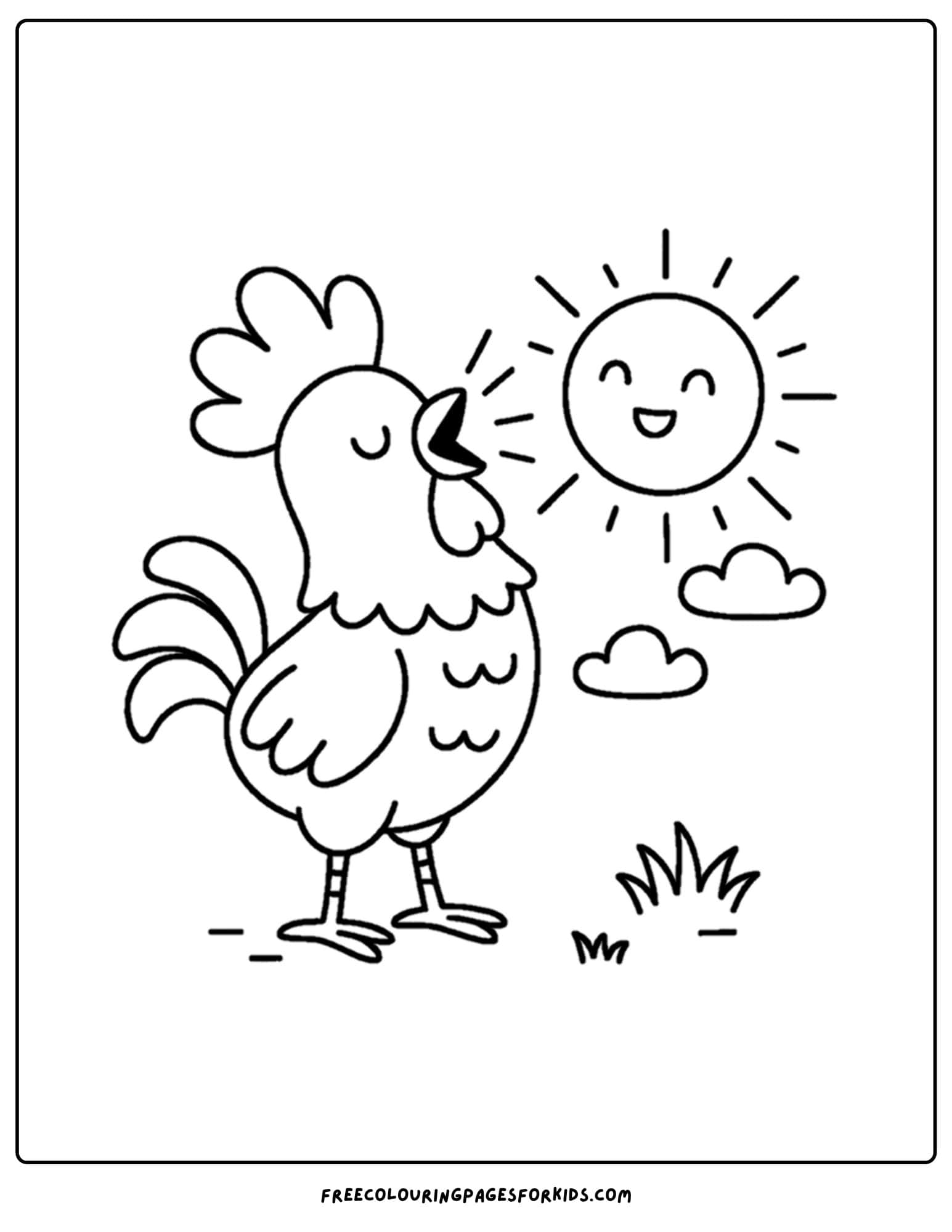 a coloring page of a rooster crowing at sunrise