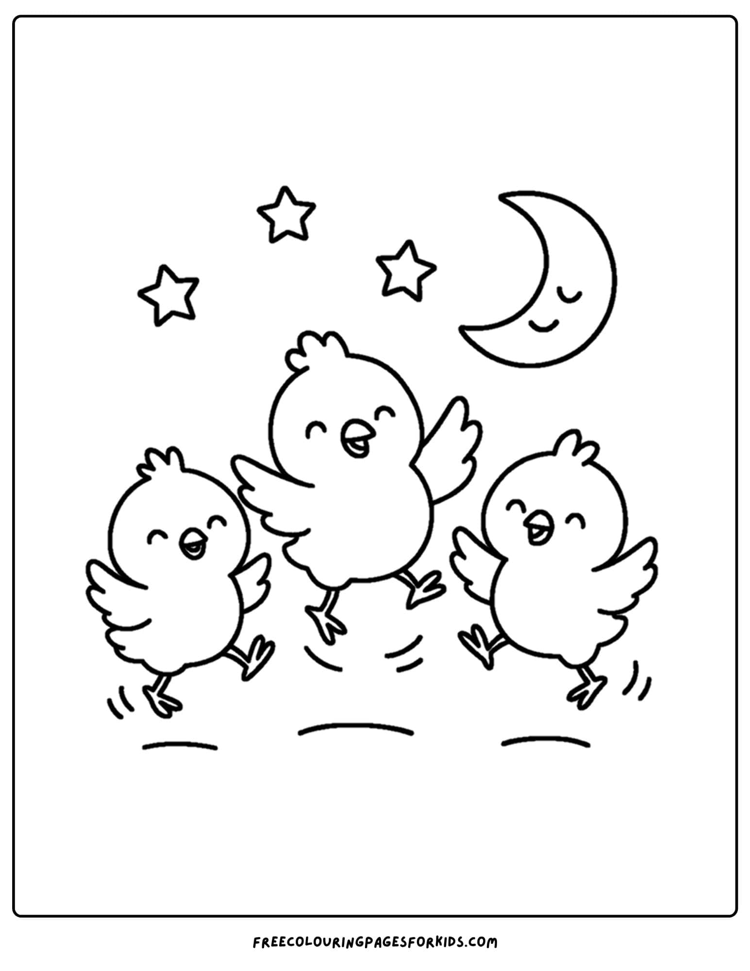 a coloring page of chicks dancing under the moon