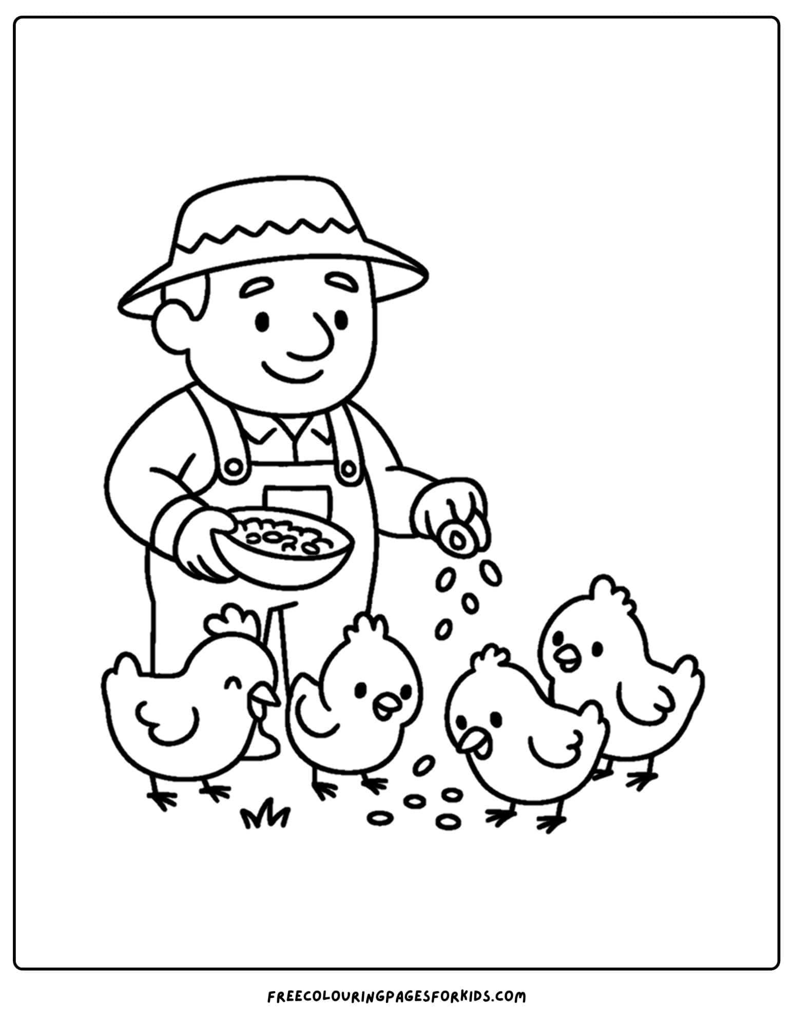 a coloring page of a chicken being fed by a farmer