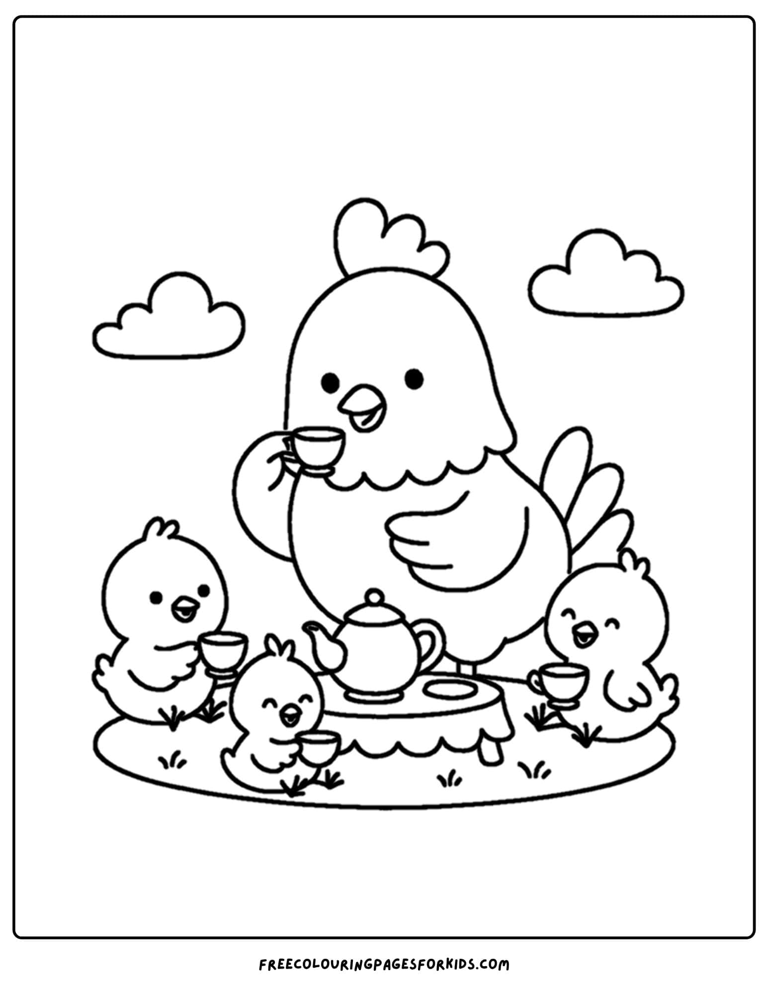 a coloring page of a chicken having a tea party